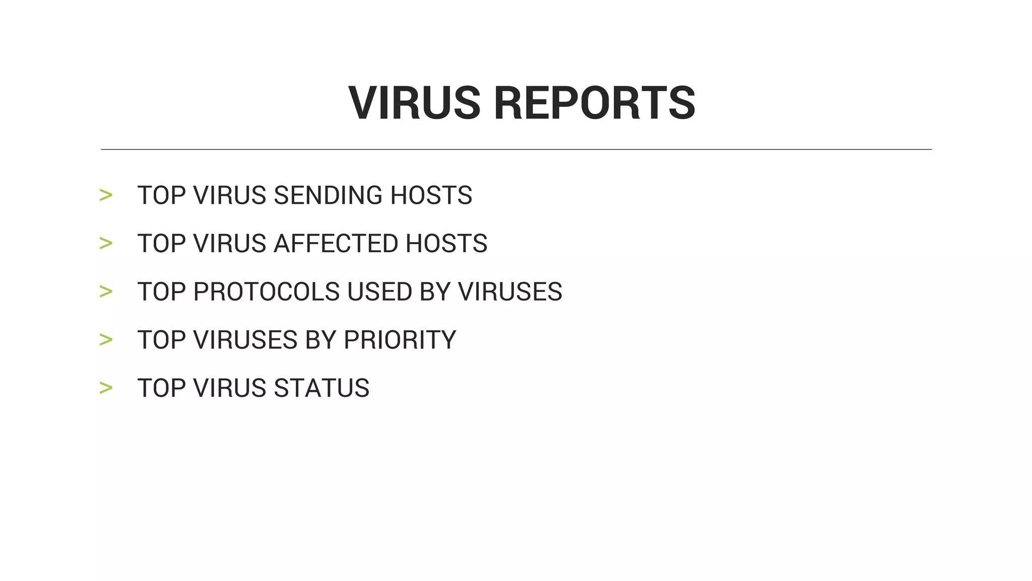 > TOP VIRUS SENDING HOSTS
> TOP VIRUS AFFECTED HOSTS
> TOP PROTOCOLS USED BY VIRUSES
> TOP VIRUSES BY PRIORITY
> TOP VIRUS STATUS
VIRUS REPORTS
 