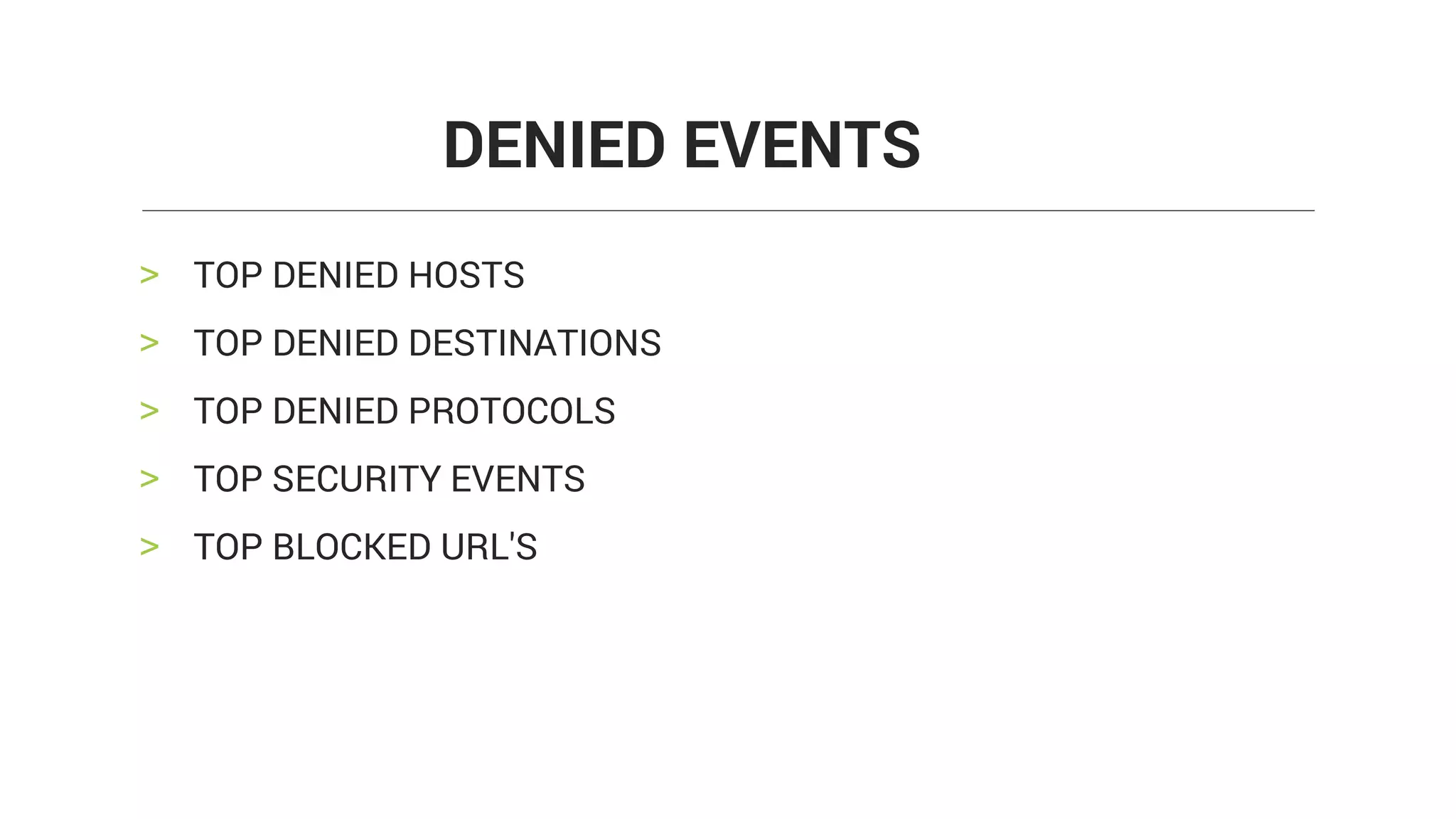 > TOP DENIED HOSTS
> TOP DENIED DESTINATIONS
> TOP DENIED PROTOCOLS
> TOP SECURITY EVENTS
> TOP BLOCKED URL'S
DENIED EVENTS
 