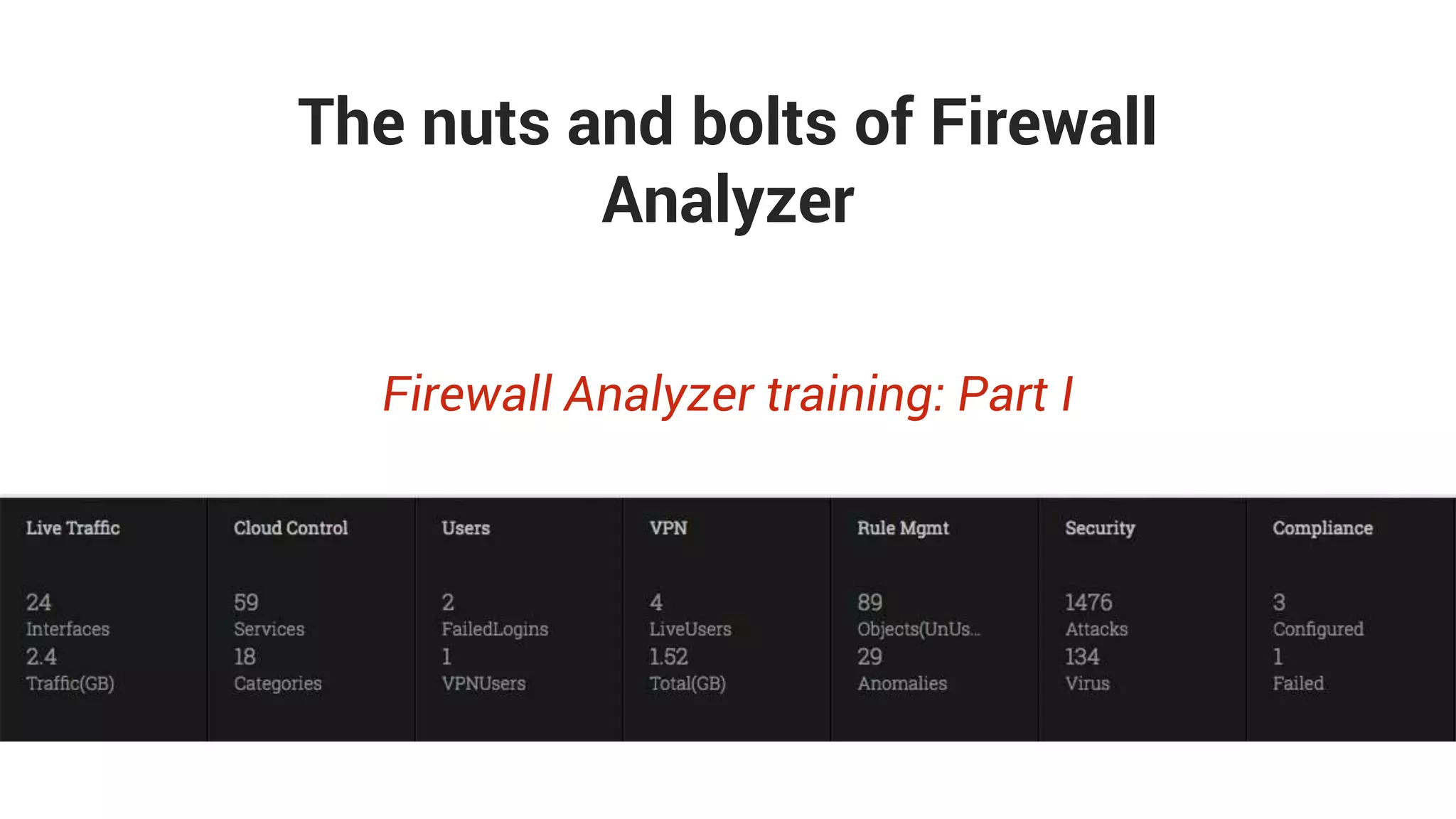 The nuts and bolts of Firewall
Analyzer
Firewall Analyzer training: Part I
 
