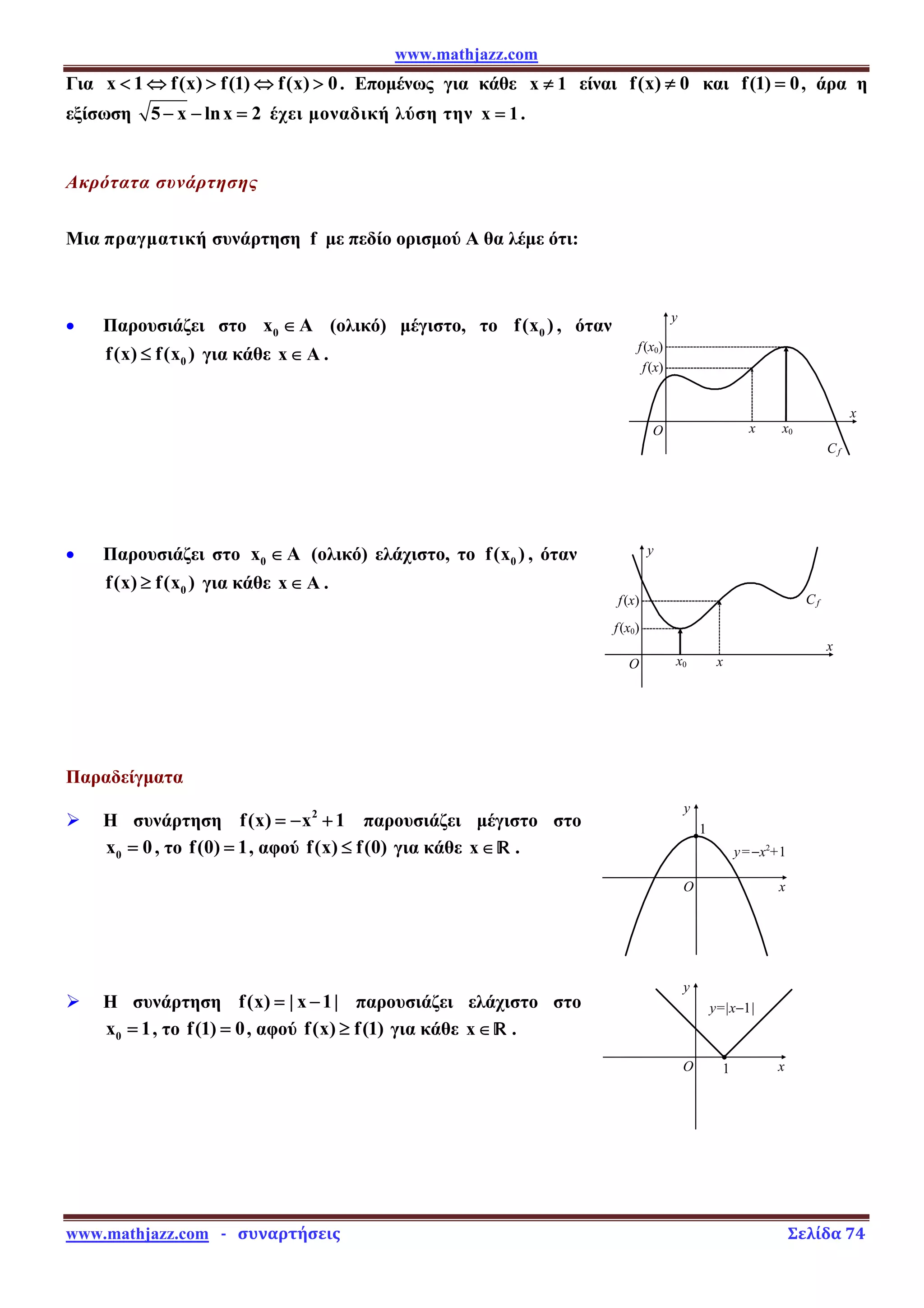 www.mathjazz.com
www.mathjazz.com   ­   συναρτήσεις                                                                                                                       Σελίδα 74 
Cf
f(x0)
f(x)
O
x
y
x0 x
y=−x2
+1
1
O x
y
y=|x−1|
1
O x
y
Για x 1 f(x) f(1) f(x) 0
 ⇔  ⇔  . Επομένως για κάθε x 1
≠ είναι f(x) 0
≠ και f(1) 0
= , άρα η
εξίσωση 5 x lnx 2
− − = έχει μοναδική λύση την x 1
= .
Ακρότατα συνάρτησης
Μια πραγματική συνάρτηση f με πεδίο ορισμού Α θα λέμε ότι:
• Παρουσιάζει στο 0
x A
∈ (ολικό) μέγιστο, το 0
f(x ) , όταν
0
f(x) f(x )
≤ για κάθε x A
∈ .
• Παρουσιάζει στο 0
x A
∈ (ολικό) ελάχιστο, το 0
f(x ) , όταν
0
f(x) f(x )
≥ για κάθε x A
∈ .
Παραδείγματα
¾ Η συνάρτηση 2
f(x) x 1
= − + παρουσιάζει μέγιστο στο
0
x 0
= , το f(0) 1
= , αφού f(x) f(0)
≤ για κάθε x∈ — .
¾ Η συνάρτηση f(x) | x 1|
= − παρουσιάζει ελάχιστο στο
0
x 1
= , το f(1) 0
= , αφού f(x) f(1)
≥ για κάθε x∈ — .
Cf
f(x0)
f(x)
O
x
y
x0
x
 