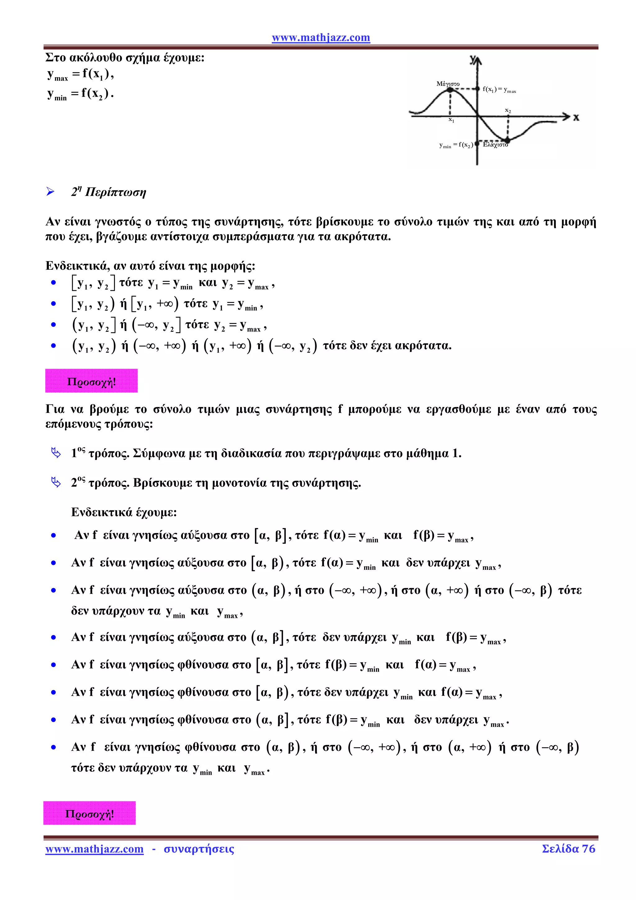 www.mathjazz.com
www.mathjazz.com   ­   συναρτήσεις                                                                                                                       Σελίδα 76 
Προσοχή!
Προσοχή!
Στο ακόλουθο σχήμα έχουμε:
max 1
y f(x )
= ,
min 2
y f(x )
= . 1 max
f(x ) y
=
1
x
min 2
y f(x )
=
2
x
Μέγιστο
Ελάχιστο
¾ 2η
Περίπτωση
Αν είναι γνωστός ο τύπος της συνάρτησης, τότε βρίσκουμε το σύνολο τιμών της και από τη μορφή
που έχει, βγάζουμε αντίστοιχα συμπεράσματα για τα ακρότατα.
Ενδεικτικά, αν αυτό είναι της μορφής:
• 1 2
y , y
⎡ ⎤
⎣ ⎦ τότε 1 min
y y
= και 2 max
y y
= ,
• )
1 2
y , y
⎡
⎣ ή )
1
y , +∞
⎡
⎣ τότε 1 min
y y
= ,
• ( 1 2
y , y ⎤
⎦ ή ( 2
, y
−∞ ⎤
⎦ τότε 2 max
y y
= ,
• ( )
1 2
y , y ή ( )
, +
−∞ ∞ ή ( )
1
y , +∞ ή ( )
2
, y
−∞ τότε δεν έχει ακρότατα.
Για να βρούμε το σύνολο τιμών μιας συνάρτησης f μπορούμε να εργασθούμε με έναν από τους
επόμενους τρόπους:
ª 1ος
τρόπος. Σύμφωνα με τη διαδικασία που περιγράψαμε στο μάθημα 1.
ª 2ος
τρόπος. Βρίσκουμε τη μονοτονία της συνάρτησης.
Ενδεικτικά έχουμε:
• Αν f είναι γνησίως αύξουσα στο [ ]
α, β , τότε min
f(α) y
= και max
f(β) y
= ,
• Αν f είναι γνησίως αύξουσα στο [ )
α, β , τότε min
f(α) y
= και δεν υπάρχει max
y ,
• Αν f είναι γνησίως αύξουσα στο ( )
α, β , ή στο ( )
, +
−∞ ∞ , ή στο ( )
α, +∞ ή στο ( )
, β
−∞ τότε
δεν υπάρχουν τα min
y και max
y ,
• Αν f είναι γνησίως αύξουσα στο ( ]
α, β , τότε δεν υπάρχει min
y και max
f(β) y
= ,
• Αν f είναι γνησίως φθίνουσα στο [ ]
α, β , τότε min
f(β) y
= και max
f(α) y
= ,
• Αν f είναι γνησίως φθίνουσα στο [ )
α, β , τότε δεν υπάρχει min
y και max
f(α) y
= ,
• Αν f είναι γνησίως φθίνουσα στο ( ]
α, β , τότε min
f(β) y
= και δεν υπάρχει max
y .
• Αν f είναι γνησίως φθίνουσα στο ( )
α, β , ή στο ( )
, +
−∞ ∞ , ή στο ( )
α, +∞ ή στο ( )
, β
−∞
τότε δεν υπάρχουν τα min
y και max
y .
 