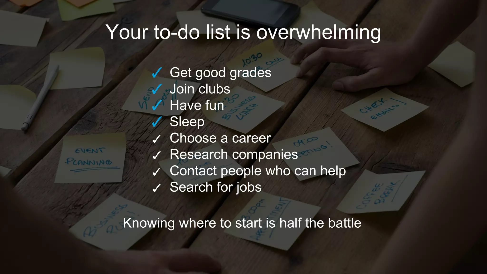 Your to-do list is overwhelming
✓ Get good grades
✓ Join clubs
✓ Have fun
✓ Sleep
✓ Choose a career
✓ Research companies
✓ Contact people who can help
✓ Search for jobs
Knowing where to start is half the battle
 