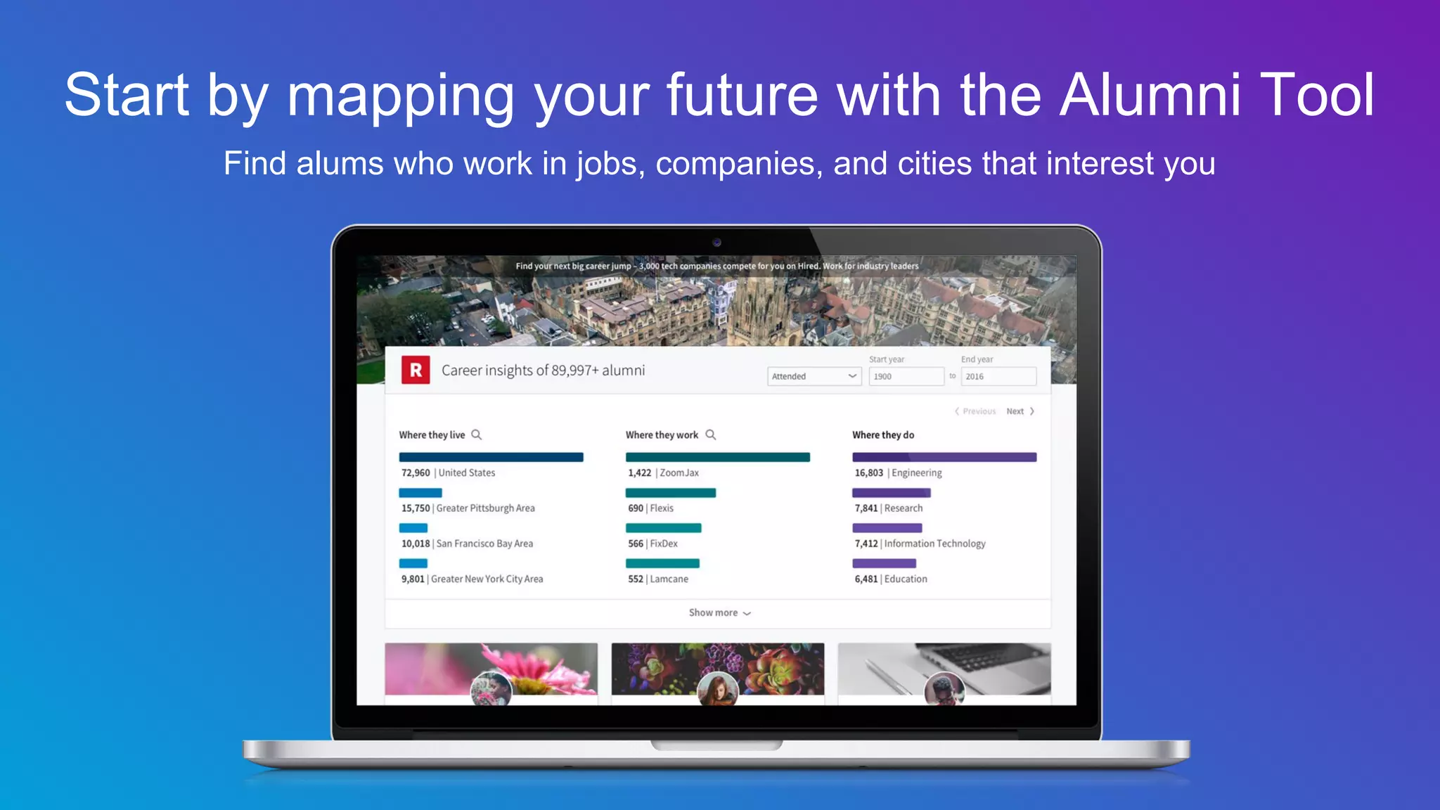 Start by mapping your future with the Alumni Tool
Find alums who work in jobs, companies, and cities that interest you
 