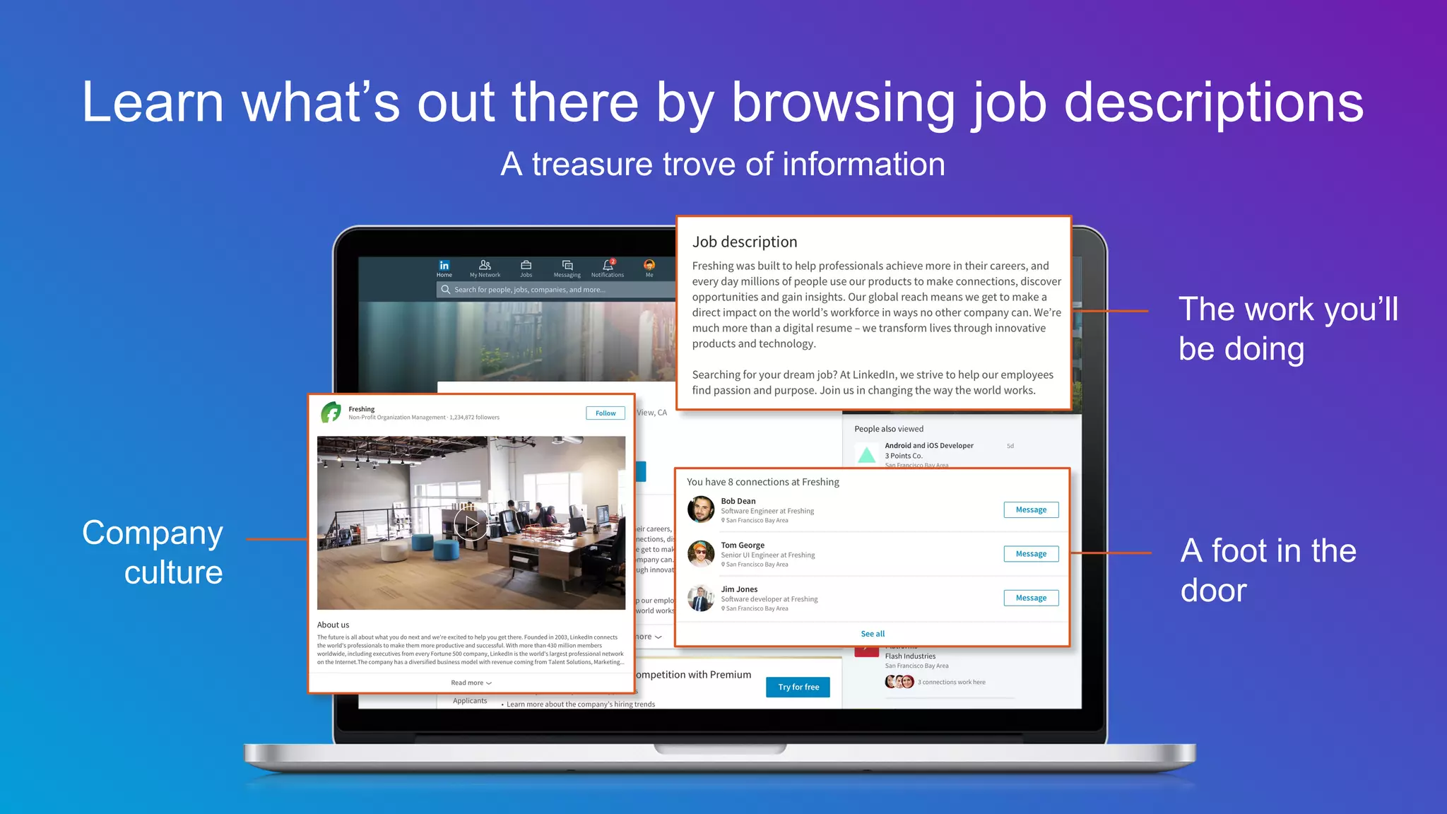 Learn what’s out there by browsing job descriptions
A treasure trove of information
The work you’ll
be doing
Company
culture
A foot in the
door
 