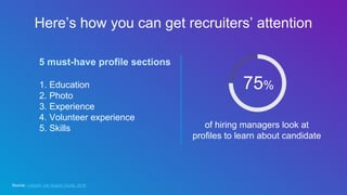 Here’s how you can get recruiters’ attention
1. Education
2. Photo
3. Experience
4. Volunteer experience
5. Skills of hiri...