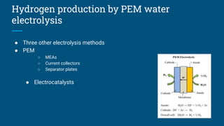 Hydrogen production by PEM water
electrolysis
● Three other electrolysis methods
● PEM
○ MEAs
○ Current collectors
○ Separator plates
● Electrocatalysts
 