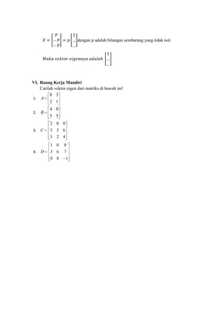 dengan p adalah bilangan sembarang yang tidak nol.

VI. Ruang Kerja Mandiri
Carilah vektor eigen dari matriks di bawah ini!
0 3
1. A
2 1
2.

B

4 0
3 5
2 0 0

3.

C

3 3 6
3 2 4

1 0
4.

D

0

3 6

7

0 8

1

 