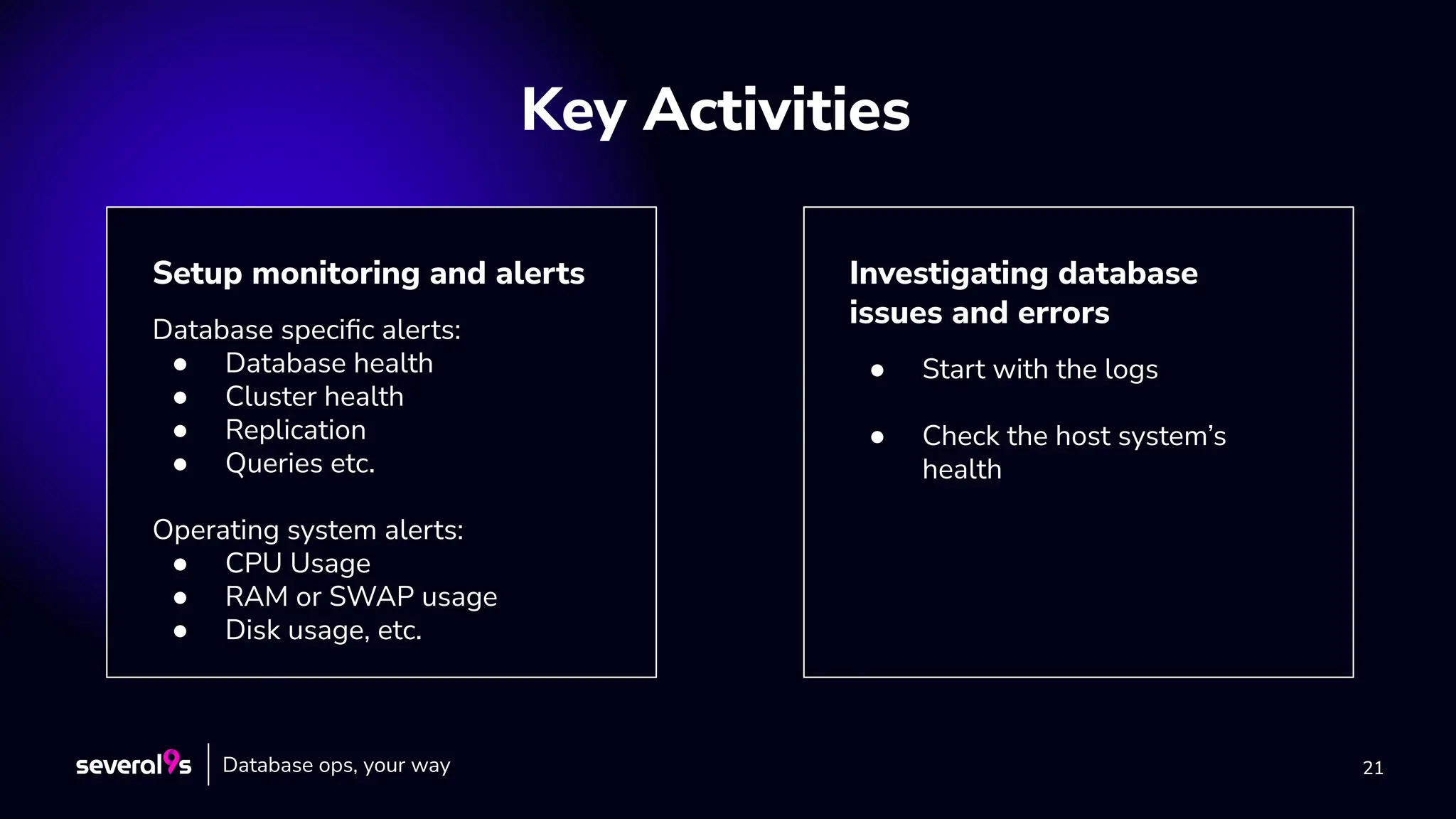 21
21
Key Activities
Setup monitoring and alerts
Database speciﬁc alerts:
● Database health
● Cluster health
● Replication
● Queries etc.
Operating system alerts:
● CPU Usage
● RAM or SWAP usage
● Disk usage, etc.
Investigating database
issues and errors
● Start with the logs
● Check the host system’s
health
Database ops, your way
 