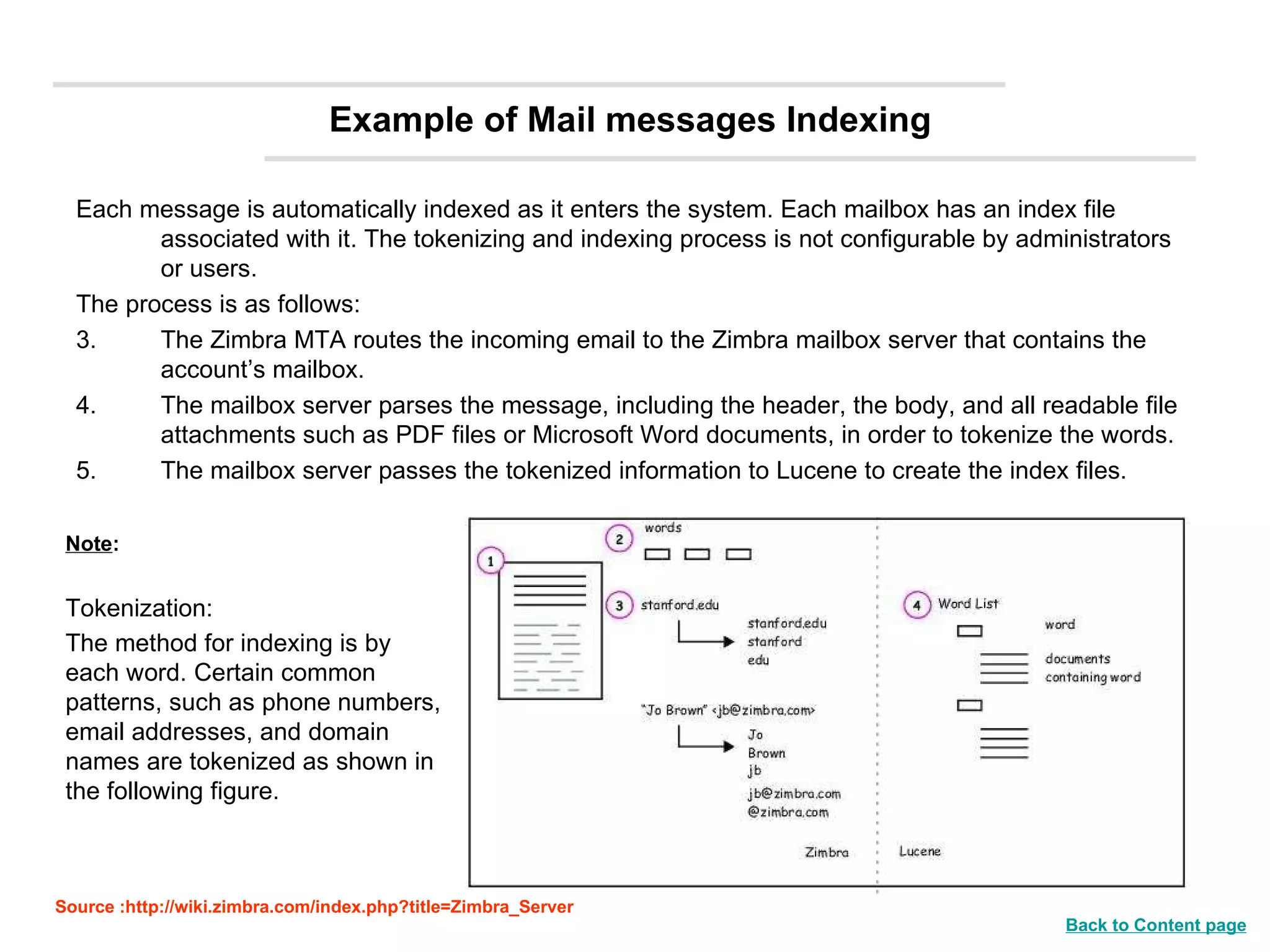 Example of Mail messages Indexing  Each message is automatically indexed as it enters the system. Each mailbox has an index file associated with it. The tokenizing and indexing process is not configurable by administrators or users.  The process is as follows:  The Zimbra MTA routes the incoming email to the Zimbra mailbox server that contains the account’s mailbox. The mailbox server parses the message, including the header, the body, and all readable file attachments such as PDF files or Microsoft Word documents, in order to tokenize the words. The mailbox server passes the tokenized information to Lucene to create the index files. Note :  Tokenization:  The method for indexing is by each word. Certain common patterns, such as phone numbers, email addresses, and domain names are tokenized as shown in the following figure.   Source :http://wiki.zimbra.com/index.php?title=Zimbra_Server Back to Content page 