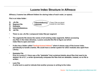 Lucene Index Structure in Alfresco Alfresco, it seems has different folders for storing index of each node ( or space). File in an index folder : .cfs file Segment file Deletable IndexInfoDeletions .del file There is one .cfs file ( compound index file) per segment The segments file stores the names of all existing index segments. Before accessing any files in the index directory, Lucene consults this file to figure out which index files to open and read. It also has a folder called “ backup-lucene-indexes ” where it stores copy of the lucene index  periodically to handle crashes. We could have a similar system for other modules also apart from  Library. Deletable File Prior to Lucene 2.1 there was a file "deletable" that contained details about files that need to be  deleted. As of 2.1, a writer dynamically computes the files that are deletable, instead, so no file is written.  Lock File A write lock is used to indicate that another process is writing to the index. These 2 files are placed  outside the node folders IndexInfoBackup IndexInfo Source :  http://lucene.apache.org/java/docs/fileformats.html 