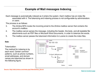 Example of Mail messages Indexing  Each message is automatically indexed as it enters the system. Each mailbox has an index file associated with it. The tokenizing and indexing process is not configurable by administrators or users.  The process is as follows:  The Zimbra MTA routes the incoming email to the Zimbra mailbox server that contains the account’s mailbox. The mailbox server parses the message, including the header, the body, and all readable file attachments such as PDF files or Microsoft Word documents, in order to tokenize the words. The mailbox server passes the tokenized information to Lucene to create the index files. Note :  Tokenization:  The method for indexing is by each word. Certain common patterns, such as phone numbers, email addresses, and domain names are tokenized as shown in the following figure.   Source :http://wiki.zimbra.com/index.php?title=Zimbra_Server Back to Content page 