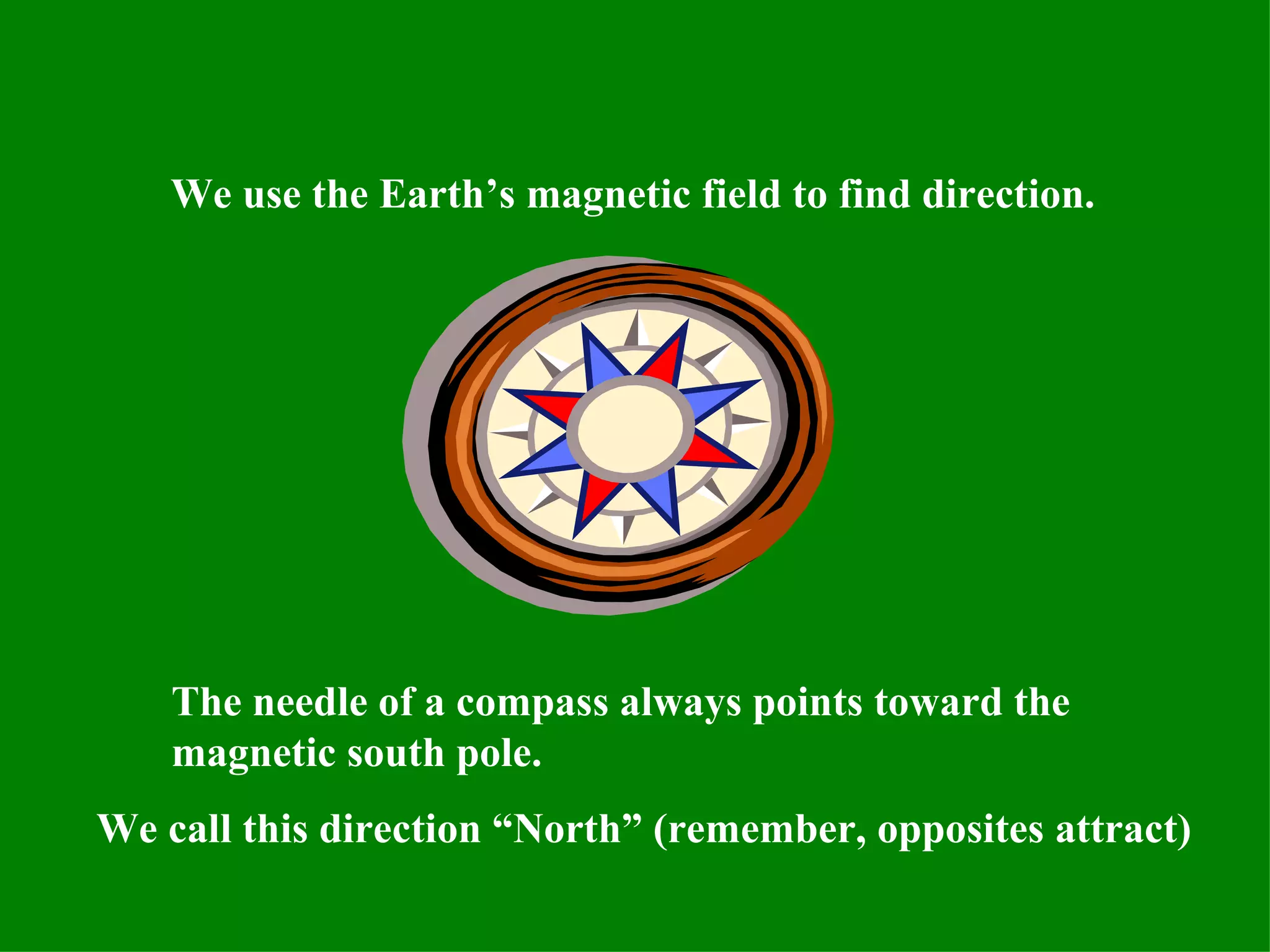 We use the Earth’s magnetic field to find direction. The needle of a compass always points toward the magnetic south pole. We call this direction “North” (remember, opposites attract) 