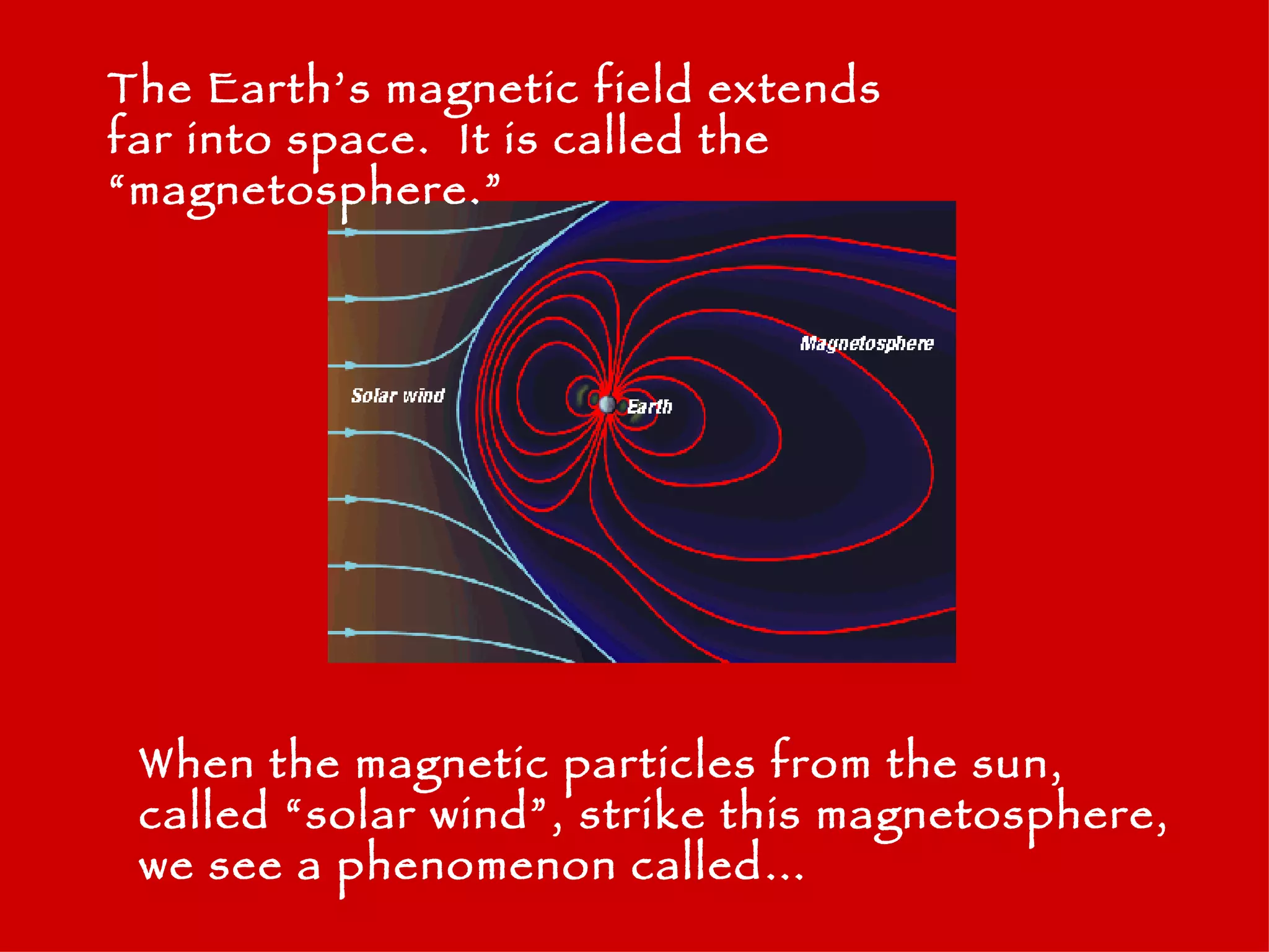 The Earth’s magnetic field extends far into space.  It is called the “magnetosphere.” When the magnetic particles from the sun, called “solar wind”, strike this magnetosphere, we see a phenomenon called… 