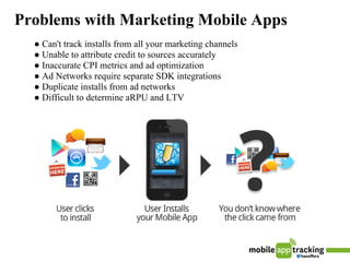 Problems with Marketing Mobile Apps
  ● Can't track installs from all your marketing channels
  ● Unable to attribute credit to sources accurately
  ● Inaccurate CPI metrics and ad optimization
  ● Ad Networks require separate SDK integrations
  ● Duplicate installs from ad networks
  ● Difficult to determine aRPU and LTV
 