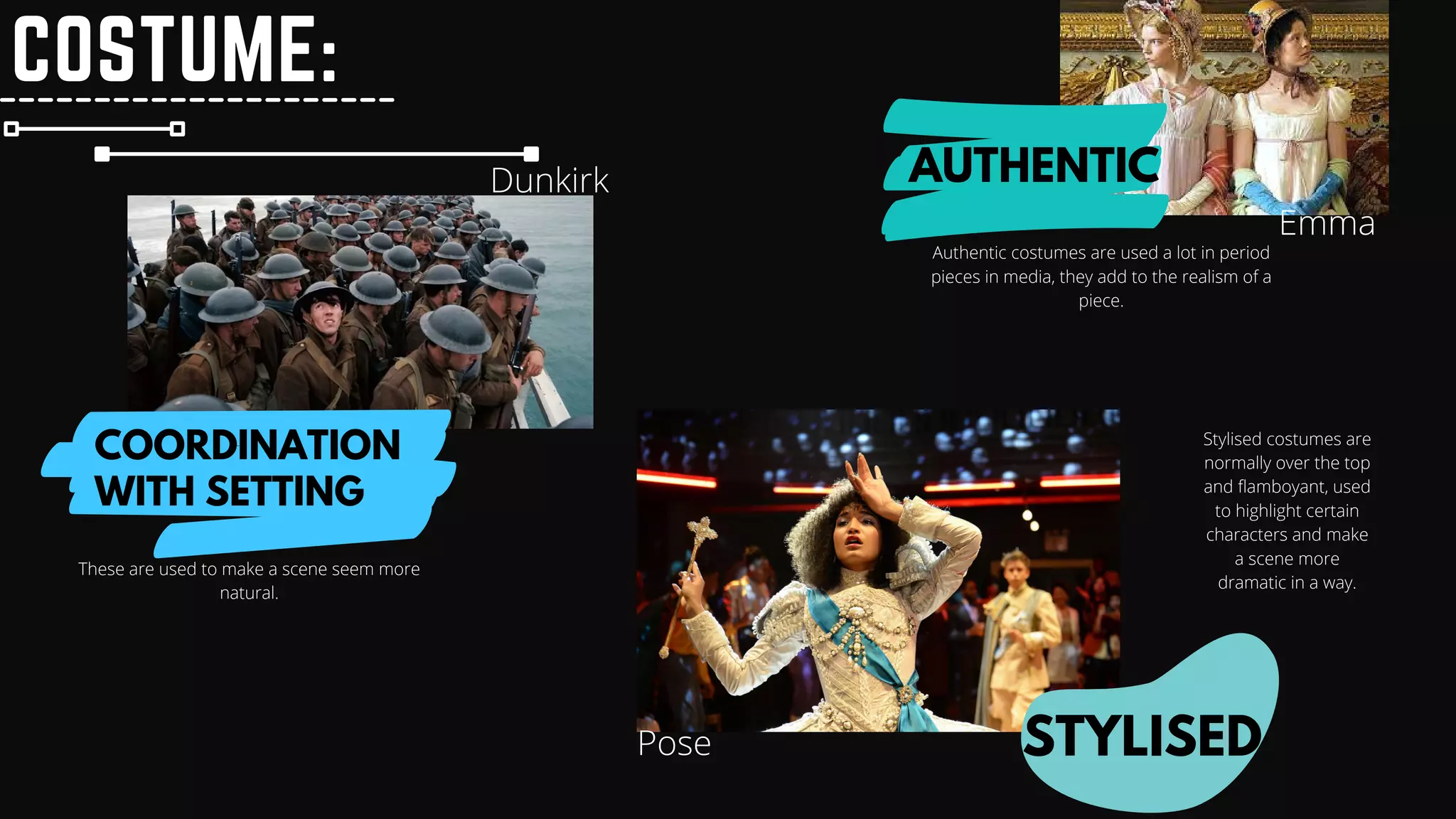COSTUME:
AUTHENTIC
STYLISED
COORDINATION
WITH SETTING
Dunkirk
Pose
Emma
These are used to make a scene seem more
natural.
Authentic costumes are used a lot in period
pieces in media, they add to the realism of a
piece.
Stylised costumes are
normally over the top
and flamboyant, used
to highlight certain
characters and make
a scene more
dramatic in a way.
 