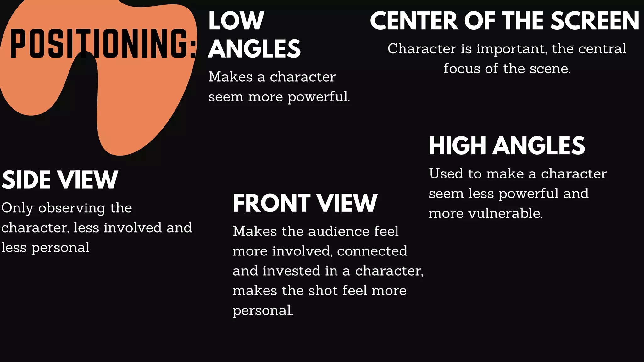 POSITIONING:
CENTER OF THE SCREEN
Character is important, the central
focus of the scene.
LOW
ANGLES
Makes a character
seem more powerful.
HIGH ANGLES
Used to make a character
seem less powerful and
more vulnerable.
SIDE VIEW
Only observing the
character, less involved and
less personal
FRONT VIEW
Makes the audience feel
more involved, connected
and invested in a character,
makes the shot feel more
personal.
 