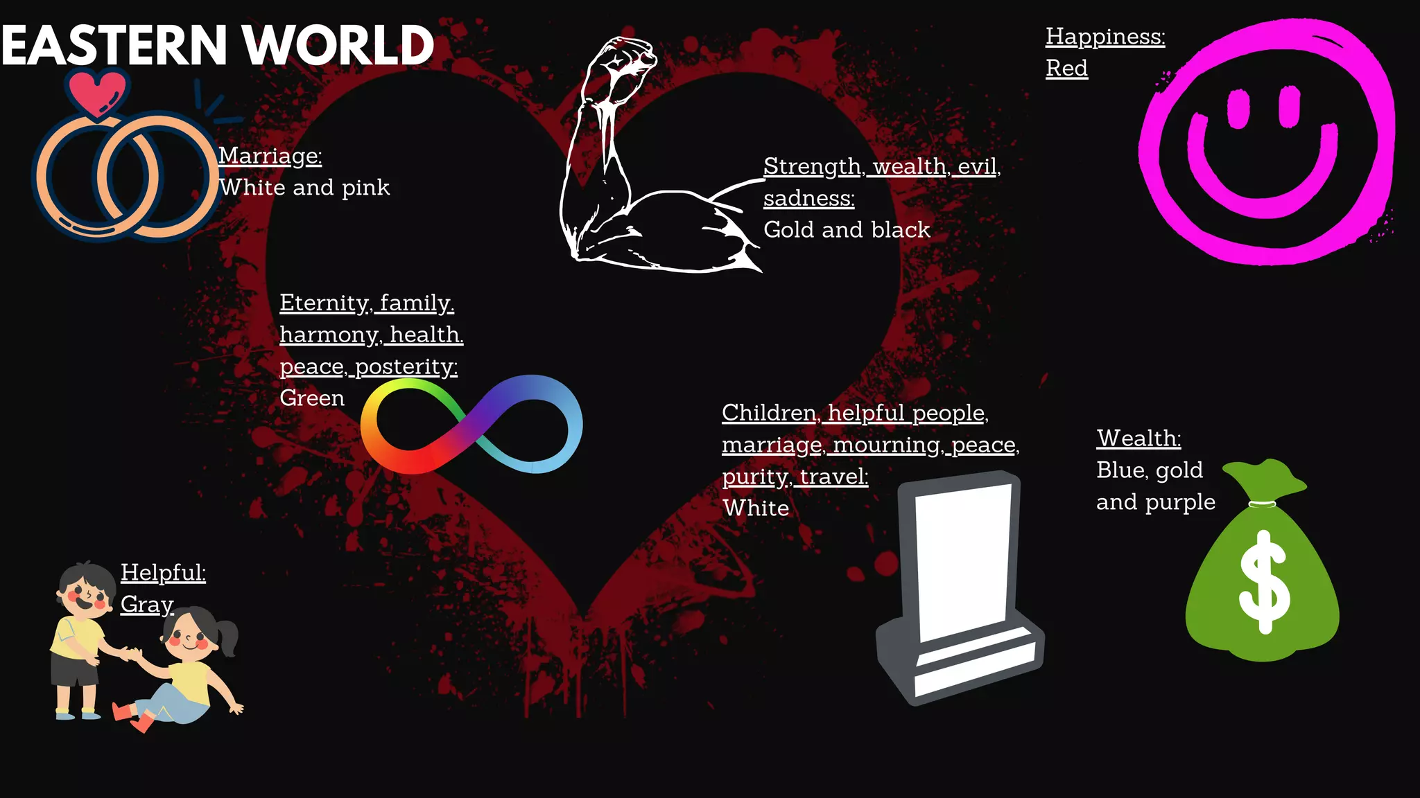 EASTERN WORLD
Marriage:
White and pink
Happiness:
Red
Helpful:
Gray
Wealth:
Blue, gold
and purple
Eternity, family.
harmony, health.
peace, posterity:
Green
Children, helpful people,
marriage, mourning, peace,
purity, travel:
White
Strength, wealth, evil,
sadness:
Gold and black
 