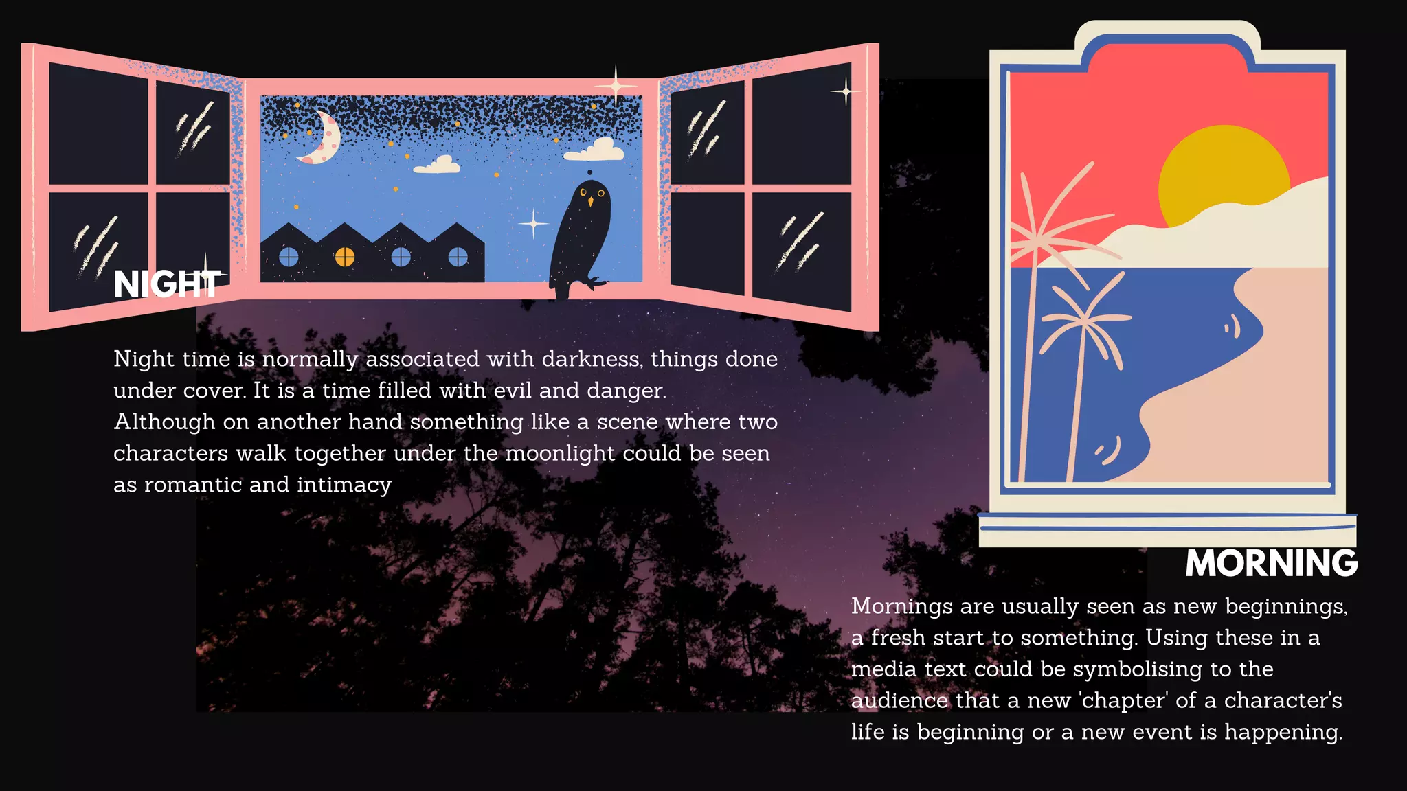 NIGHT
Night time is normally associated with darkness, things done
under cover. It is a time filled with evil and danger.
Although on another hand something like a scene where two
characters walk together under the moonlight could be seen
as romantic and intimacy
MORNING
Mornings are usually seen as new beginnings,
a fresh start to something. Using these in a
media text could be symbolising to the
audience that a new 'chapter' of a character's
life is beginning or a new event is happening.
 