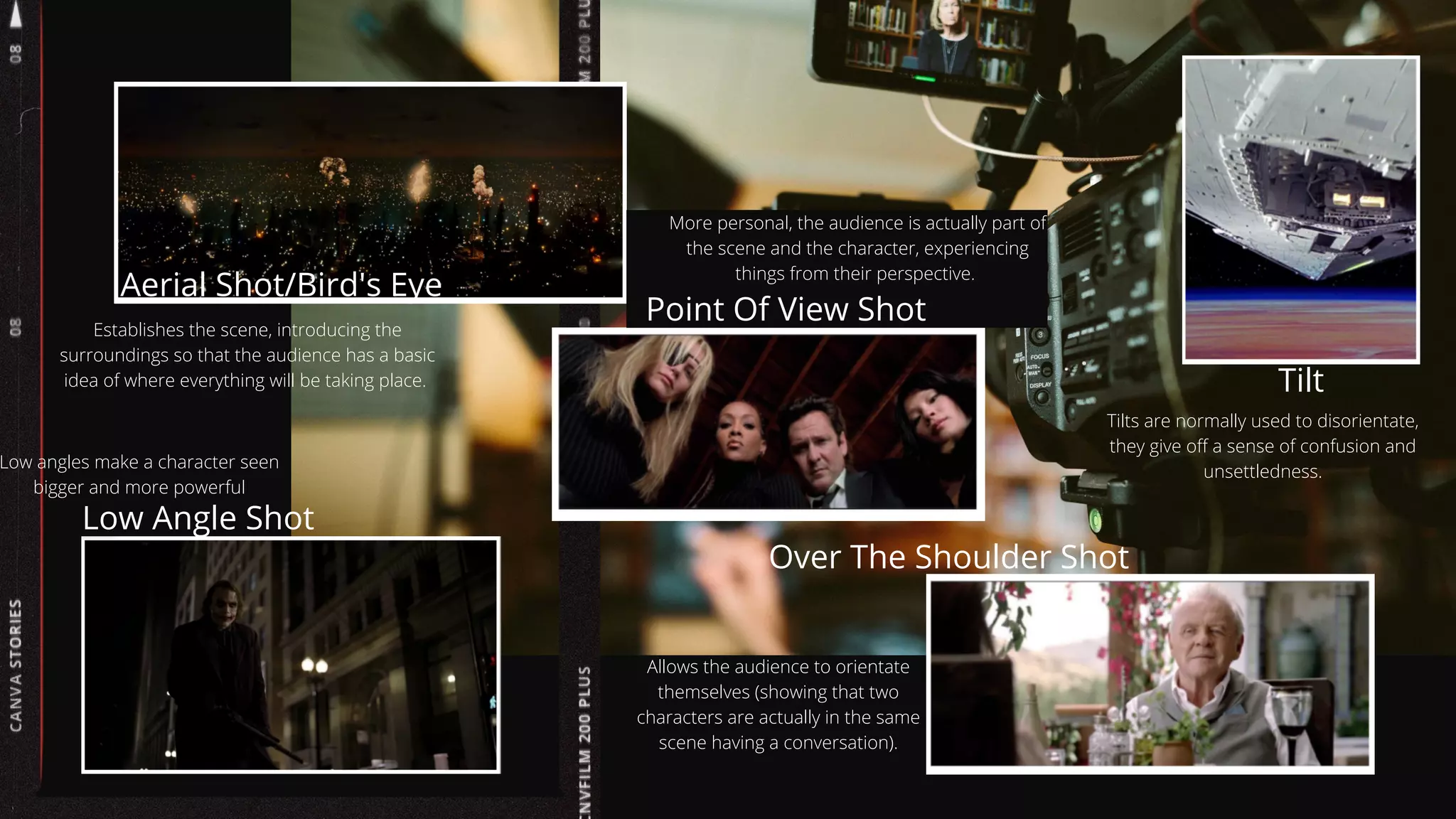 Aerial Shot/Bird's Eye
Establishes the scene, introducing the
surroundings so that the audience has a basic
idea of where everything will be taking place.
Point Of View Shot
Over The Shoulder Shot
Low Angle Shot
Tilt
More personal, the audience is actually part of
the scene and the character, experiencing
things from their perspective.
Low angles make a character seen
bigger and more powerful
Allows the audience to orientate
themselves (showing that two
characters are actually in the same
scene having a conversation).
Tilts are normally used to disorientate,
they give off a sense of confusion and
unsettledness.
 