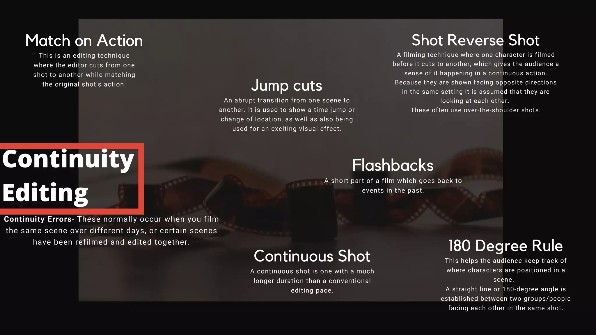 Continuity
Editing
Match on Action
This is an editing technique
where the editor cuts from one
shot to another while matching
the original shot's action.
Shot Reverse Shot
A filming technique where one character is filmed
before it cuts to another, which gives the audience a
sense of it happening in a continuous action.
Because they are shown facing opposite directions
in the same setting it is assumed that they are
looking at each other.
These often use over-the-shoulder shots.
Continuity Errors- These normally occur when you film
the same scene over different days, or certain scenes
have been refilmed and edited together.
180 Degree Rule
This helps the audience keep track of
where characters are positioned in a
scene.
A straight line or 180-degree angle is
established between two groups/people
facing each other in the same shot.
Jump cuts
An abrupt transition from one scene to
another. It is used to show a time jump or
change of location, as well as also being
used for an exciting visual effect.
Flashbacks
A short part of a film which goes back to
events in the past.
Continuous Shot
A continuous shot is one with a much
longer duration than a conventional
editing pace.
 