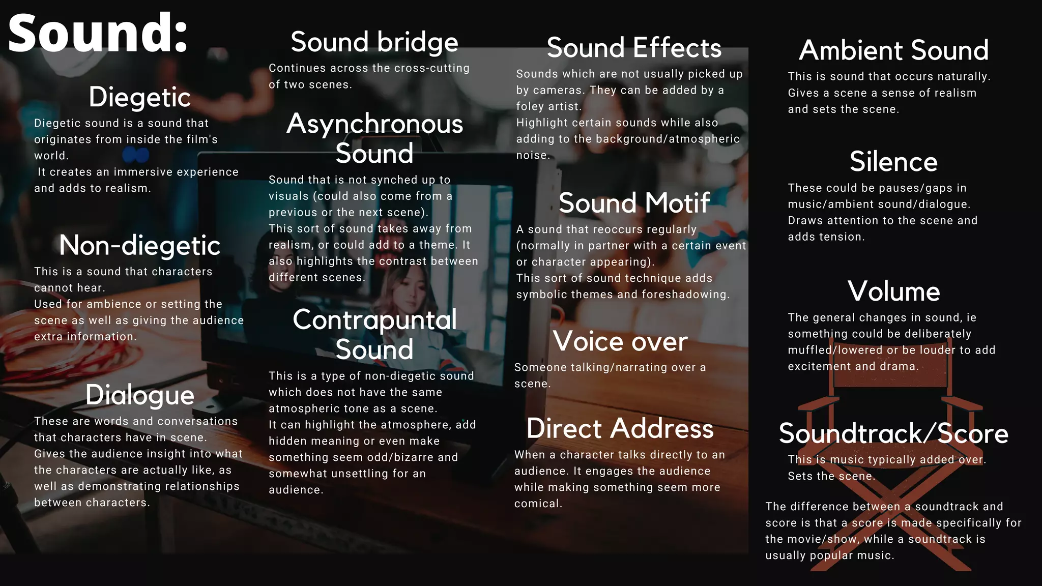 Sound:
Diegetic
Diegetic sound is a sound that
originates from inside the film's
world.
It creates an immersive experience
and adds to realism.
Non-diegetic
This is a sound that characters
cannot hear.
Used for ambience or setting the
scene as well as giving the audience
extra information.
Sound bridge
Continues across the cross-cutting
of two scenes.
Dialogue
These are words and conversations
that characters have in scene.
Gives the audience insight into what
the characters are actually like, as
well as demonstrating relationships
between characters.
Asynchronous
Sound
Sound that is not synched up to
visuals (could also come from a
previous or the next scene).
This sort of sound takes away from
realism, or could add to a theme. It
also highlights the contrast between
different scenes.
Contrapuntal
Sound
This is a type of non-diegetic sound
which does not have the same
atmospheric tone as a scene.
It can highlight the atmosphere, add
hidden meaning or even make
something seem odd/bizarre and
somewhat unsettling for an
audience.
Sound Effects
Sounds which are not usually picked up
by cameras. They can be added by a
foley artist.
Highlight certain sounds while also
adding to the background/atmospheric
noise.
Sound Motif
A sound that reoccurs regularly
(normally in partner with a certain event
or character appearing).
This sort of sound technique adds
symbolic themes and foreshadowing.
Voice over
Someone talking/narrating over a
scene.
Direct Address
When a character talks directly to an
audience. It engages the audience
while making something seem more
comical.
Ambient Sound
This is sound that occurs naturally.
Gives a scene a sense of realism
and sets the scene.
Silence
These could be pauses/gaps in
music/ambient sound/dialogue.
Draws attention to the scene and
adds tension.
Volume
The general changes in sound, ie
something could be deliberately
muffled/lowered or be louder to add
excitement and drama.
Soundtrack/Score
This is music typically added over.
Sets the scene.
The difference between a soundtrack and
score is that a score is made specifically for
the movie/show, while a soundtrack is
usually popular music.
 