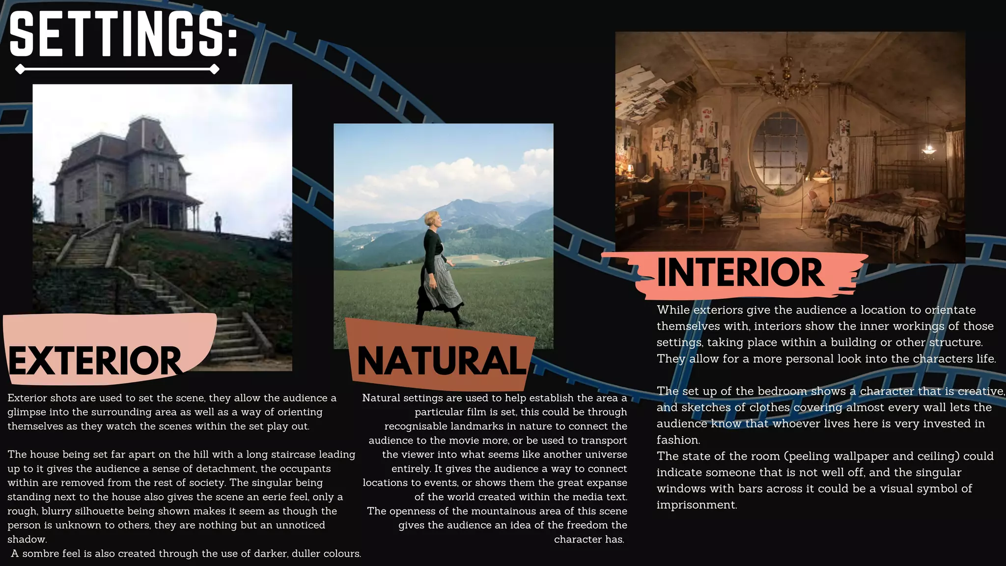 EXTERIOR
Exterior shots are used to set the scene, they allow the audience a
glimpse into the surrounding area as well as a way of orienting
themselves as they watch the scenes within the set play out.
The house being set far apart on the hill with a long staircase leading
up to it gives the audience a sense of detachment, the occupants
within are removed from the rest of society. The singular being
standing next to the house also gives the scene an eerie feel, only a
rough, blurry silhouette being shown makes it seem as though the
person is unknown to others, they are nothing but an unnoticed
shadow.
A sombre feel is also created through the use of darker, duller colours.
INTERIOR
While exteriors give the audience a location to orientate
themselves with, interiors show the inner workings of those
settings, taking place within a building or other structure.
They allow for a more personal look into the characters life.
The set up of the bedroom shows a character that is creative,
and sketches of clothes covering almost every wall lets the
audience know that whoever lives here is very invested in
fashion.
The state of the room (peeling wallpaper and ceiling) could
indicate someone that is not well off, and the singular
windows with bars across it could be a visual symbol of
imprisonment.
NATURAL
Natural settings are used to help establish the area a
particular film is set, this could be through
recognisable landmarks in nature to connect the
audience to the movie more, or be used to transport
the viewer into what seems like another universe
entirely. It gives the audience a way to connect
locations to events, or shows them the great expanse
of the world created within the media text.
The openness of the mountainous area of this scene
gives the audience an idea of the freedom the
character has.


SETTINGS:
 