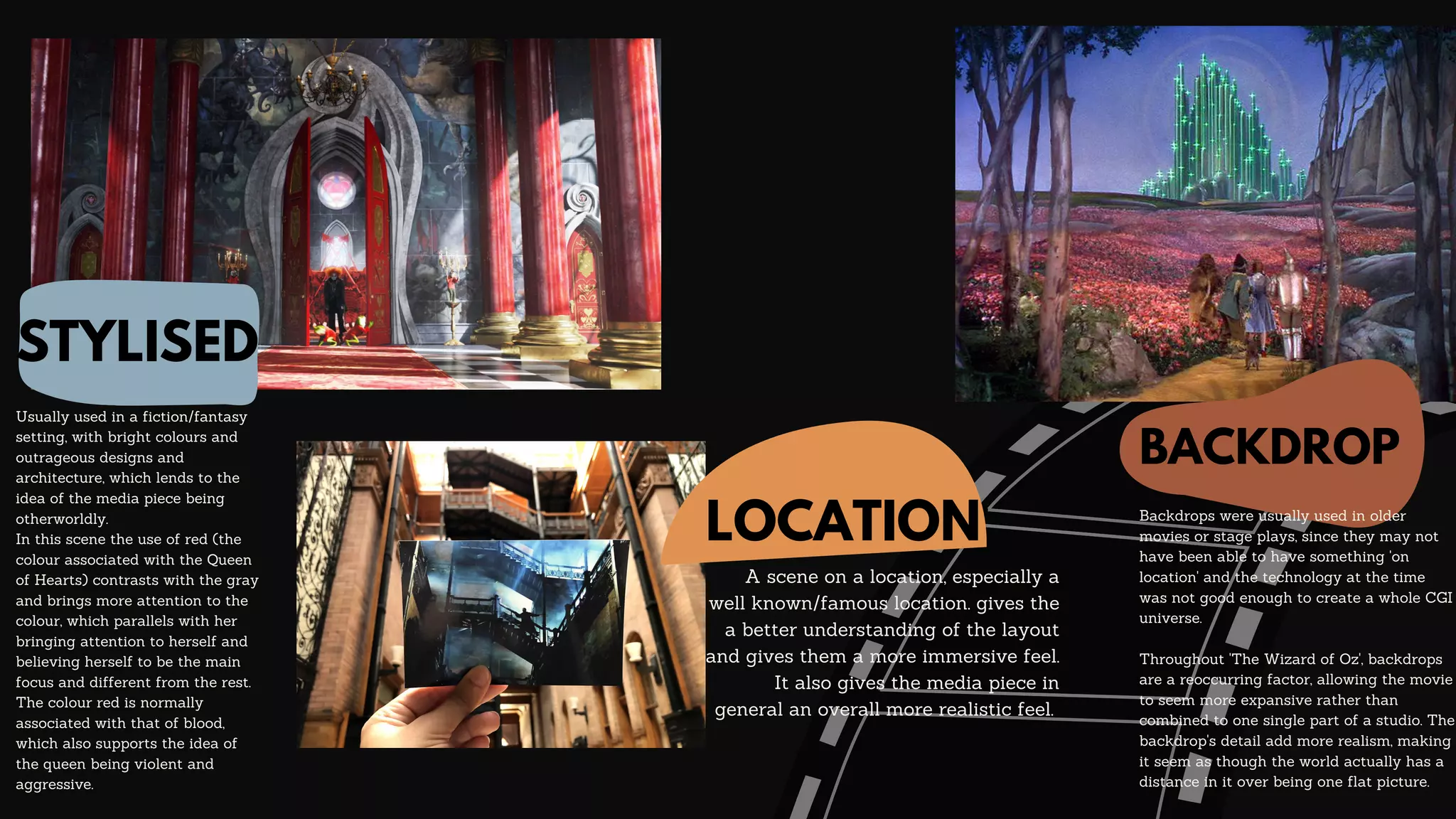 LOCATION
A scene on a location, especially a
well known/famous location. gives the
a better understanding of the layout
and gives them a more immersive feel.
It also gives the media piece in
general an overall more realistic feel.


BACKDROP
Backdrops were usually used in older
movies or stage plays, since they may not
have been able to have something 'on
location' and the technology at the time
was not good enough to create a whole CGI
universe.
Throughout 'The Wizard of Oz', backdrops
are a reoccurring factor, allowing the movie
to seem more expansive rather than
combined to one single part of a studio. The
backdrop's detail add more realism, making
it seem as though the world actually has a
distance in it over being one flat picture.
STYLISED
Usually used in a fiction/fantasy
setting, with bright colours and
outrageous designs and
architecture, which lends to the
idea of the media piece being
otherworldly.
In this scene the use of red (the
colour associated with the Queen
of Hearts) contrasts with the gray
and brings more attention to the
colour, which parallels with her
bringing attention to herself and
believing herself to be the main
focus and different from the rest.
The colour red is normally
associated with that of blood,
which also supports the idea of
the queen being violent and
aggressive.
 