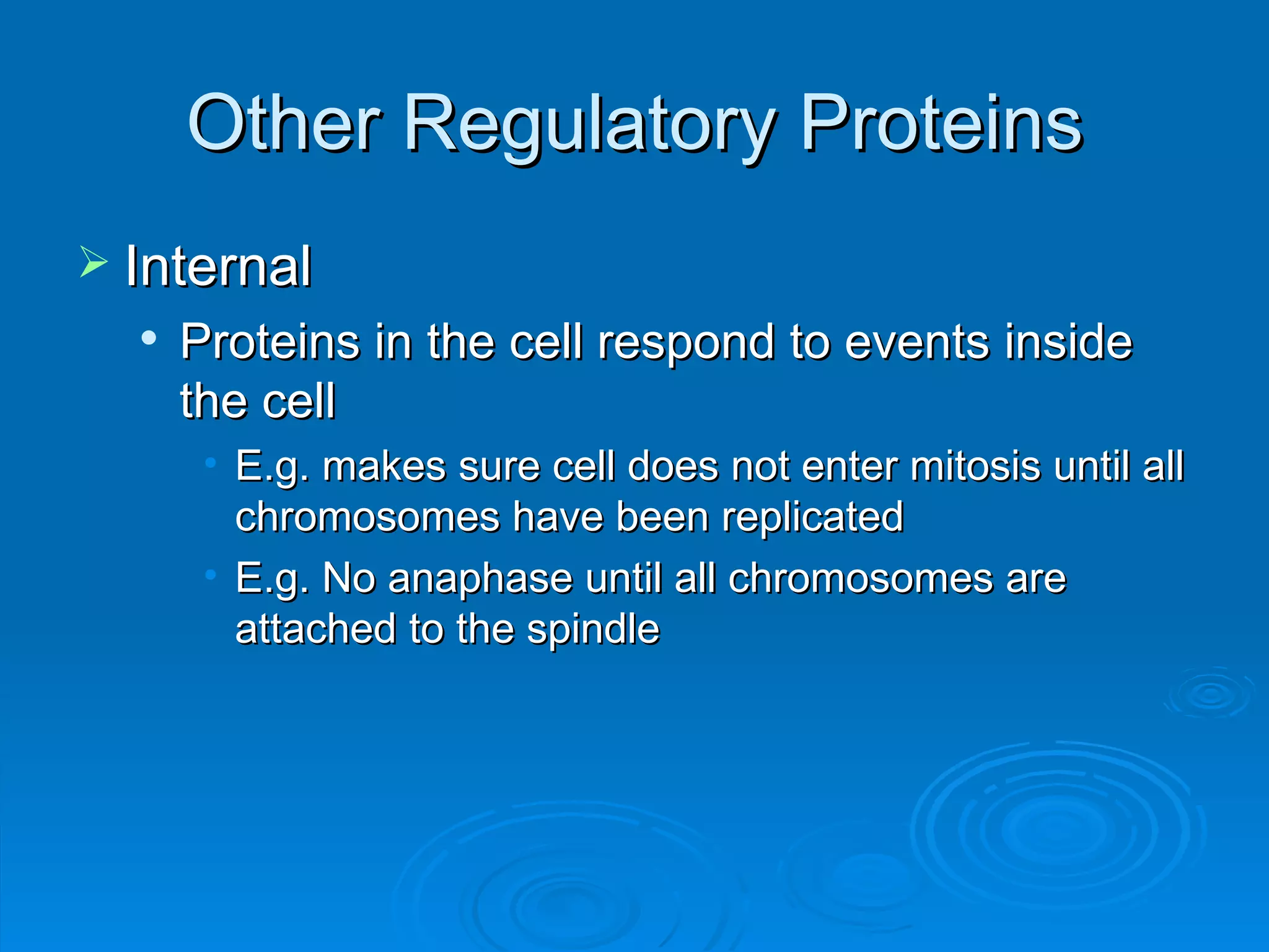 Other Regulatory Proteins
 Internal
     Proteins in the cell respond to events inside
      the cell
       • E.g. makes sure cell does not enter mitosis until all
         chromosomes have been replicated
       • E.g. No anaphase until all chromosomes are
         attached to the spindle
 
