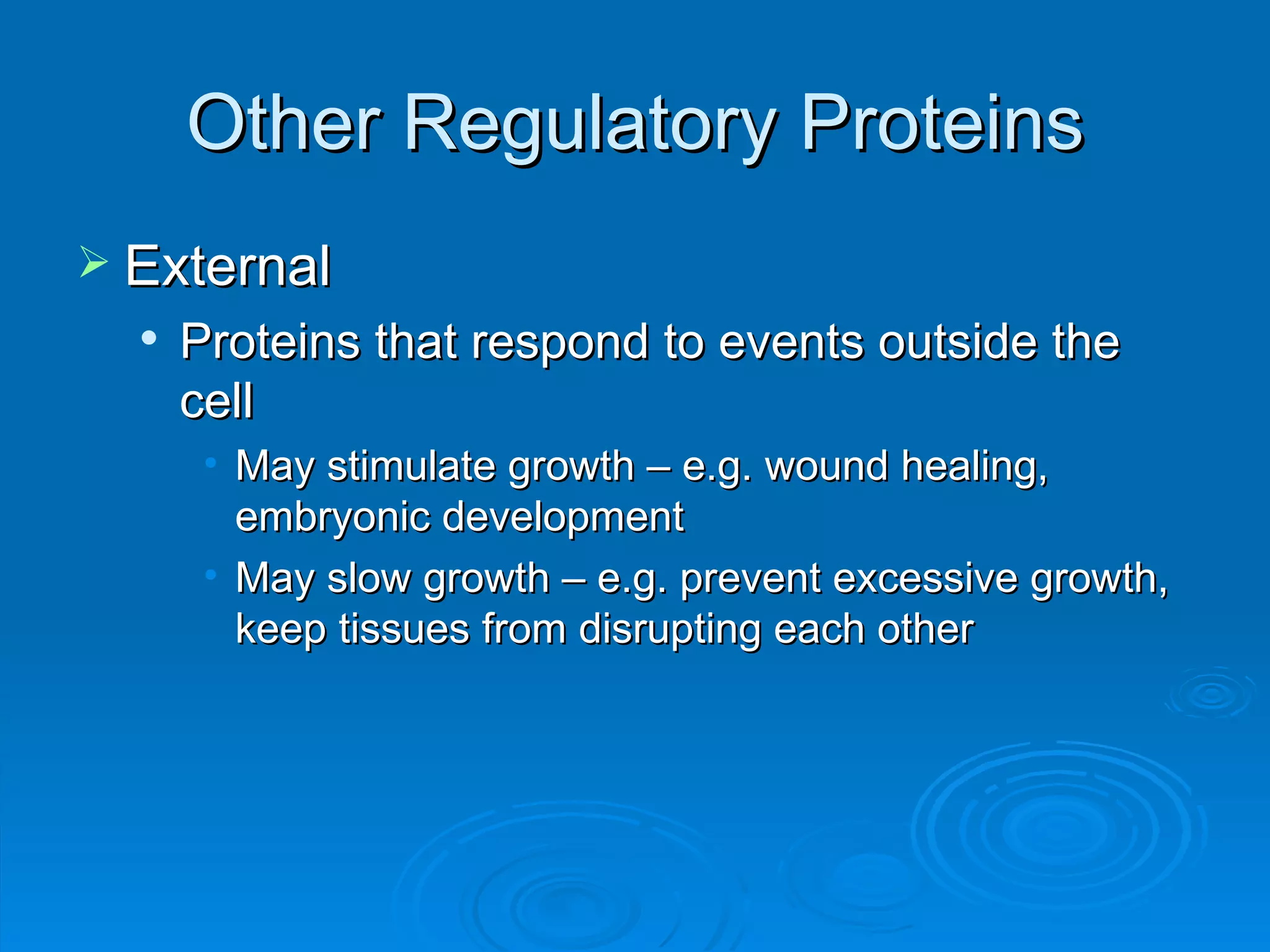 Other Regulatory Proteins
 External
     Proteins that respond to events outside the
      cell
       • May stimulate growth – e.g. wound healing,
         embryonic development
       • May slow growth – e.g. prevent excessive growth,
         keep tissues from disrupting each other
 