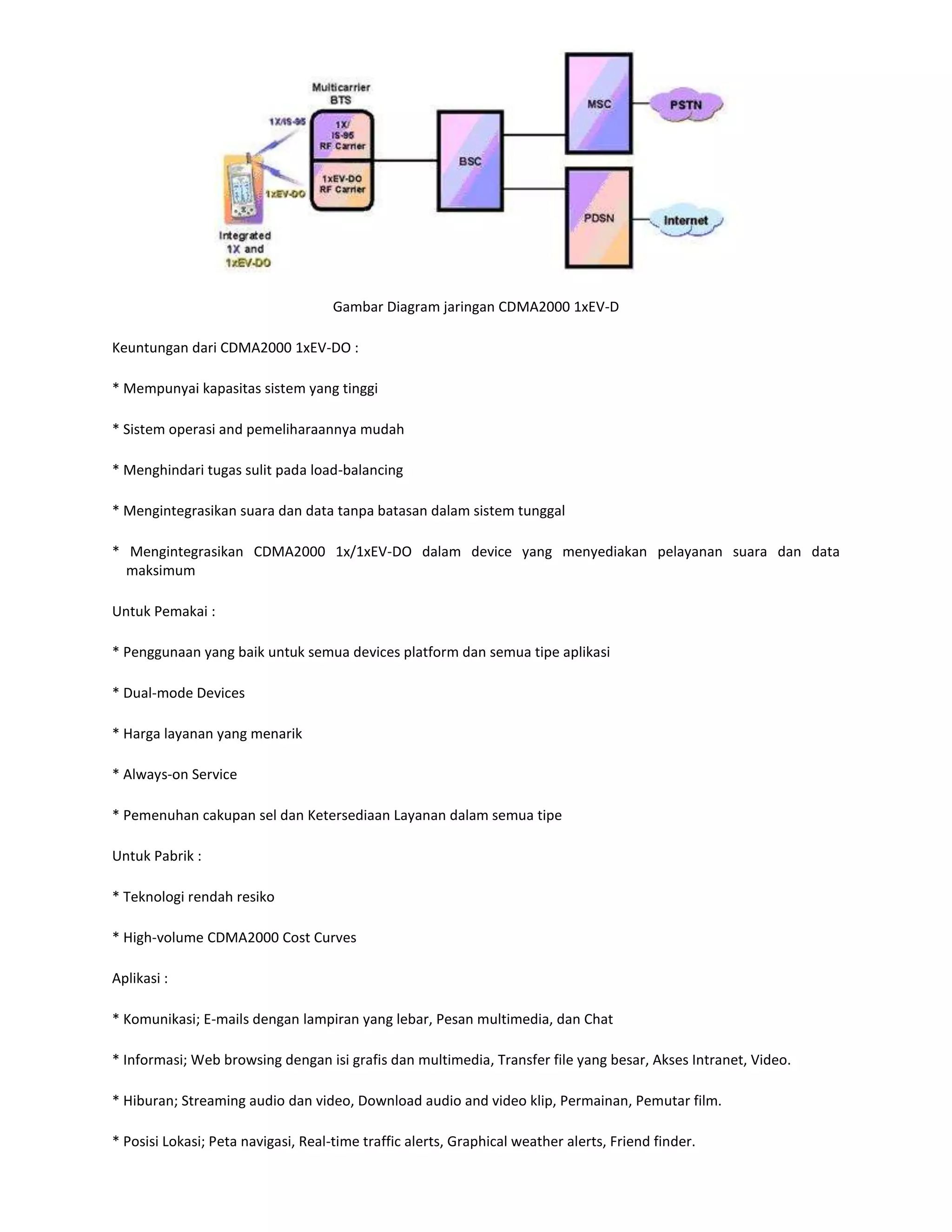 Gambar Diagram jaringan CDMA2000 1xEV-D

Keuntungan dari CDMA2000 1xEV-DO :

* Mempunyai kapasitas sistem yang tinggi

* Sistem operasi and pemeliharaannya mudah

* Menghindari tugas sulit pada load-balancing

* Mengintegrasikan suara dan data tanpa batasan dalam sistem tunggal

* Mengintegrasikan CDMA2000 1x/1xEV-DO dalam device yang menyediakan pelayanan suara dan data
  maksimum

Untuk Pemakai :

* Penggunaan yang baik untuk semua devices platform dan semua tipe aplikasi

* Dual-mode Devices

* Harga layanan yang menarik

* Always-on Service

* Pemenuhan cakupan sel dan Ketersediaan Layanan dalam semua tipe

Untuk Pabrik :

* Teknologi rendah resiko

* High-volume CDMA2000 Cost Curves

Aplikasi :

* Komunikasi; E-mails dengan lampiran yang lebar, Pesan multimedia, dan Chat

* Informasi; Web browsing dengan isi grafis dan multimedia, Transfer file yang besar, Akses Intranet, Video.

* Hiburan; Streaming audio dan video, Download audio and video klip, Permainan, Pemutar film.

* Posisi Lokasi; Peta navigasi, Real-time traffic alerts, Graphical weather alerts, Friend finder.
 