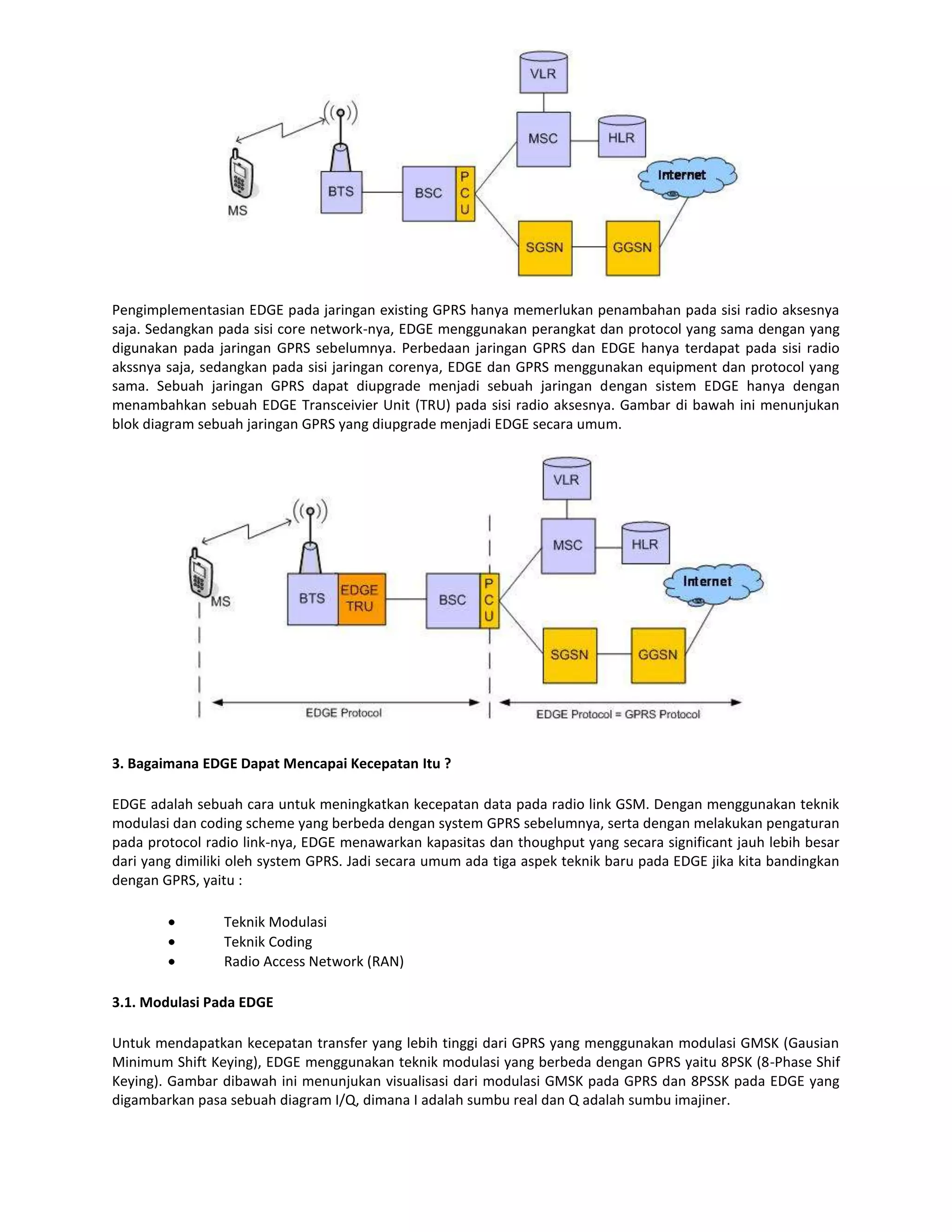 Pengimplementasian EDGE pada jaringan existing GPRS hanya memerlukan penambahan pada sisi radio aksesnya
saja. Sedangkan pada sisi core network-nya, EDGE menggunakan perangkat dan protocol yang sama dengan yang
digunakan pada jaringan GPRS sebelumnya. Perbedaan jaringan GPRS dan EDGE hanya terdapat pada sisi radio
akssnya saja, sedangkan pada sisi jaringan corenya, EDGE dan GPRS menggunakan equipment dan protocol yang
sama. Sebuah jaringan GPRS dapat diupgrade menjadi sebuah jaringan dengan sistem EDGE hanya dengan
menambahkan sebuah EDGE Transceivier Unit (TRU) pada sisi radio aksesnya. Gambar di bawah ini menunjukan
blok diagram sebuah jaringan GPRS yang diupgrade menjadi EDGE secara umum.




3. Bagaimana EDGE Dapat Mencapai Kecepatan Itu ?

EDGE adalah sebuah cara untuk meningkatkan kecepatan data pada radio link GSM. Dengan menggunakan teknik
modulasi dan coding scheme yang berbeda dengan system GPRS sebelumnya, serta dengan melakukan pengaturan
pada protocol radio link-nya, EDGE menawarkan kapasitas dan thoughput yang secara significant jauh lebih besar
dari yang dimiliki oleh system GPRS. Jadi secara umum ada tiga aspek teknik baru pada EDGE jika kita bandingkan
dengan GPRS, yaitu :

                 Teknik Modulasi
                 Teknik Coding
                 Radio Access Network (RAN)

3.1. Modulasi Pada EDGE

Untuk mendapatkan kecepatan transfer yang lebih tinggi dari GPRS yang menggunakan modulasi GMSK (Gausian
Minimum Shift Keying), EDGE menggunakan teknik modulasi yang berbeda dengan GPRS yaitu 8PSK (8-Phase Shif
Keying). Gambar dibawah ini menunjukan visualisasi dari modulasi GMSK pada GPRS dan 8PSSK pada EDGE yang
digambarkan pasa sebuah diagram I/Q, dimana I adalah sumbu real dan Q adalah sumbu imajiner.
 