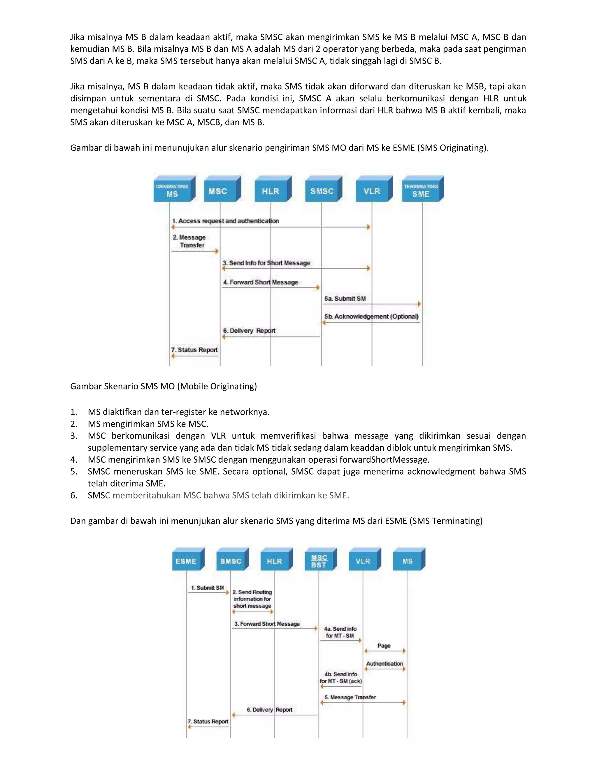 Jika misalnya MS B dalam keadaan aktif, maka SMSC akan mengirimkan SMS ke MS B melalui MSC A, MSC B dan
kemudian MS B. Bila misalnya MS B dan MS A adalah MS dari 2 operator yang berbeda, maka pada saat pengirman
SMS dari A ke B, maka SMS tersebut hanya akan melalui SMSC A, tidak singgah lagi di SMSC B.

Jika misalnya, MS B dalam keadaan tidak aktif, maka SMS tidak akan diforward dan diteruskan ke MSB, tapi akan
disimpan untuk sementara di SMSC. Pada kondisi ini, SMSC A akan selalu berkomunikasi dengan HLR untuk
mengetahui kondisi MS B. Bila suatu saat SMSC mendapatkan informasi dari HLR bahwa MS B aktif kembali, maka
SMS akan diteruskan ke MSC A, MSCB, dan MS B.

Gambar di bawah ini menunujukan alur skenario pengiriman SMS MO dari MS ke ESME (SMS Originating).




Gambar Skenario SMS MO (Mobile Originating)

1.   MS diaktifkan dan ter-register ke networknya.
2.   MS mengirimkan SMS ke MSC.
3.   MSC berkomunikasi dengan VLR untuk memverifikasi bahwa message yang dikirimkan sesuai dengan
     supplementary service yang ada dan tidak MS tidak sedang dalam keaddan diblok untuk mengirimkan SMS.
4.   MSC mengirimkan SMS ke SMSC dengan menggunakan operasi forwardShortMessage.
5.   SMSC meneruskan SMS ke SME. Secara optional, SMSC dapat juga menerima acknowledgment bahwa SMS
     telah diterima SME.
6.   SMSC memberitahukan MSC bahwa SMS telah dikirimkan ke SME.

Dan gambar di bawah ini menunjukan alur skenario SMS yang diterima MS dari ESME (SMS Terminating)
 