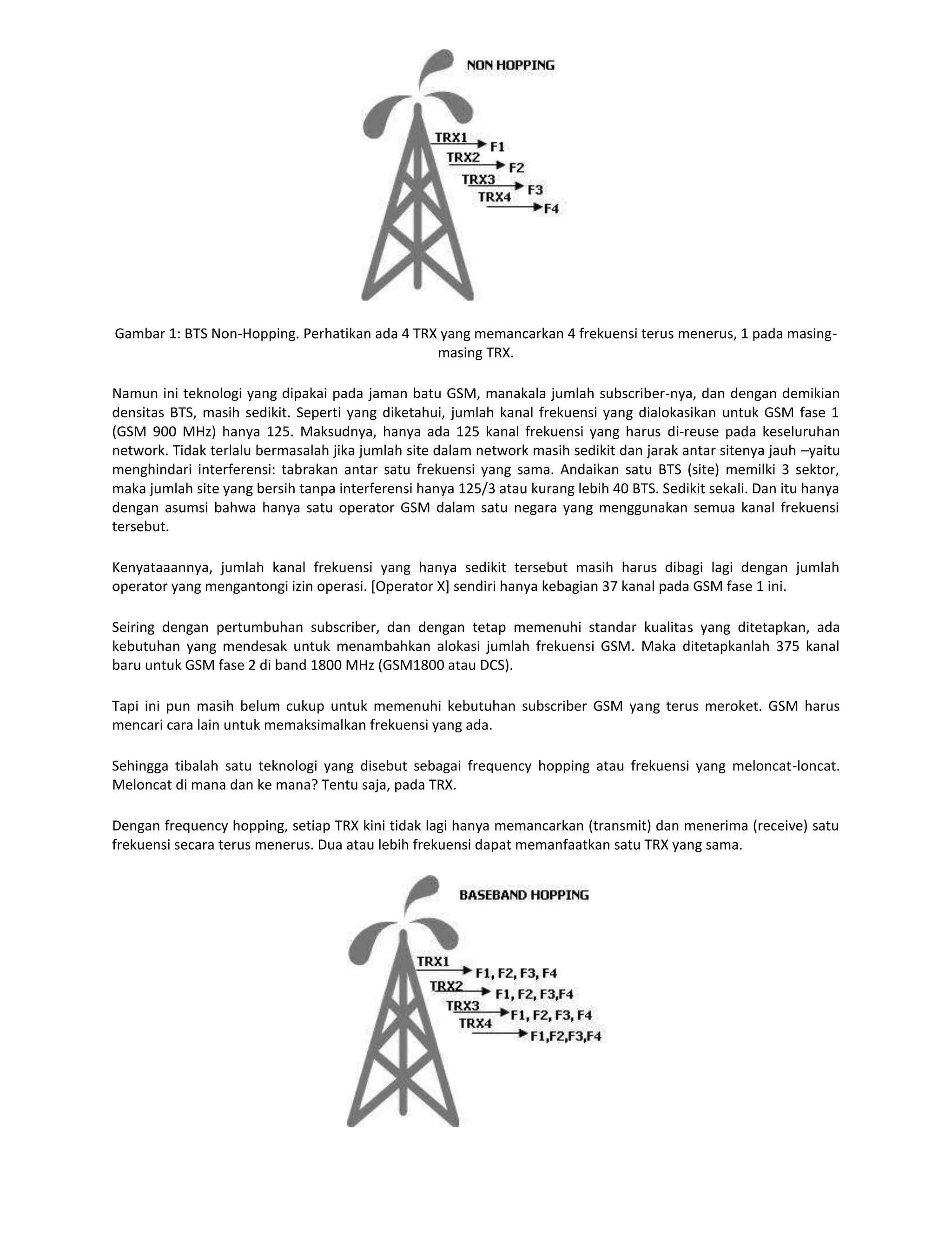 Gambar 1: BTS Non-Hopping. Perhatikan ada 4 TRX yang memancarkan 4 frekuensi terus menerus, 1 pada masing-
                                               masing TRX.

Namun ini teknologi yang dipakai pada jaman batu GSM, manakala jumlah subscriber-nya, dan dengan demikian
densitas BTS, masih sedikit. Seperti yang diketahui, jumlah kanal frekuensi yang dialokasikan untuk GSM fase 1
(GSM 900 MHz) hanya 125. Maksudnya, hanya ada 125 kanal frekuensi yang harus di-reuse pada keseluruhan
network. Tidak terlalu bermasalah jika jumlah site dalam network masih sedikit dan jarak antar sitenya jauh –yaitu
menghindari interferensi: tabrakan antar satu frekuensi yang sama. Andaikan satu BTS (site) memilki 3 sektor,
maka jumlah site yang bersih tanpa interferensi hanya 125/3 atau kurang lebih 40 BTS. Sedikit sekali. Dan itu hanya
dengan asumsi bahwa hanya satu operator GSM dalam satu negara yang menggunakan semua kanal frekuensi
tersebut.

Kenyataaannya, jumlah kanal frekuensi yang hanya sedikit tersebut masih harus dibagi lagi dengan jumlah
operator yang mengantongi izin operasi. [Operator X] sendiri hanya kebagian 37 kanal pada GSM fase 1 ini.

Seiring dengan pertumbuhan subscriber, dan dengan tetap memenuhi standar kualitas yang ditetapkan, ada
kebutuhan yang mendesak untuk menambahkan alokasi jumlah frekuensi GSM. Maka ditetapkanlah 375 kanal
baru untuk GSM fase 2 di band 1800 MHz (GSM1800 atau DCS).

Tapi ini pun masih belum cukup untuk memenuhi kebutuhan subscriber GSM yang terus meroket. GSM harus
mencari cara lain untuk memaksimalkan frekuensi yang ada.

Sehingga tibalah satu teknologi yang disebut sebagai frequency hopping atau frekuensi yang meloncat-loncat.
Meloncat di mana dan ke mana? Tentu saja, pada TRX.

Dengan frequency hopping, setiap TRX kini tidak lagi hanya memancarkan (transmit) dan menerima (receive) satu
frekuensi secara terus menerus. Dua atau lebih frekuensi dapat memanfaatkan satu TRX yang sama.
 