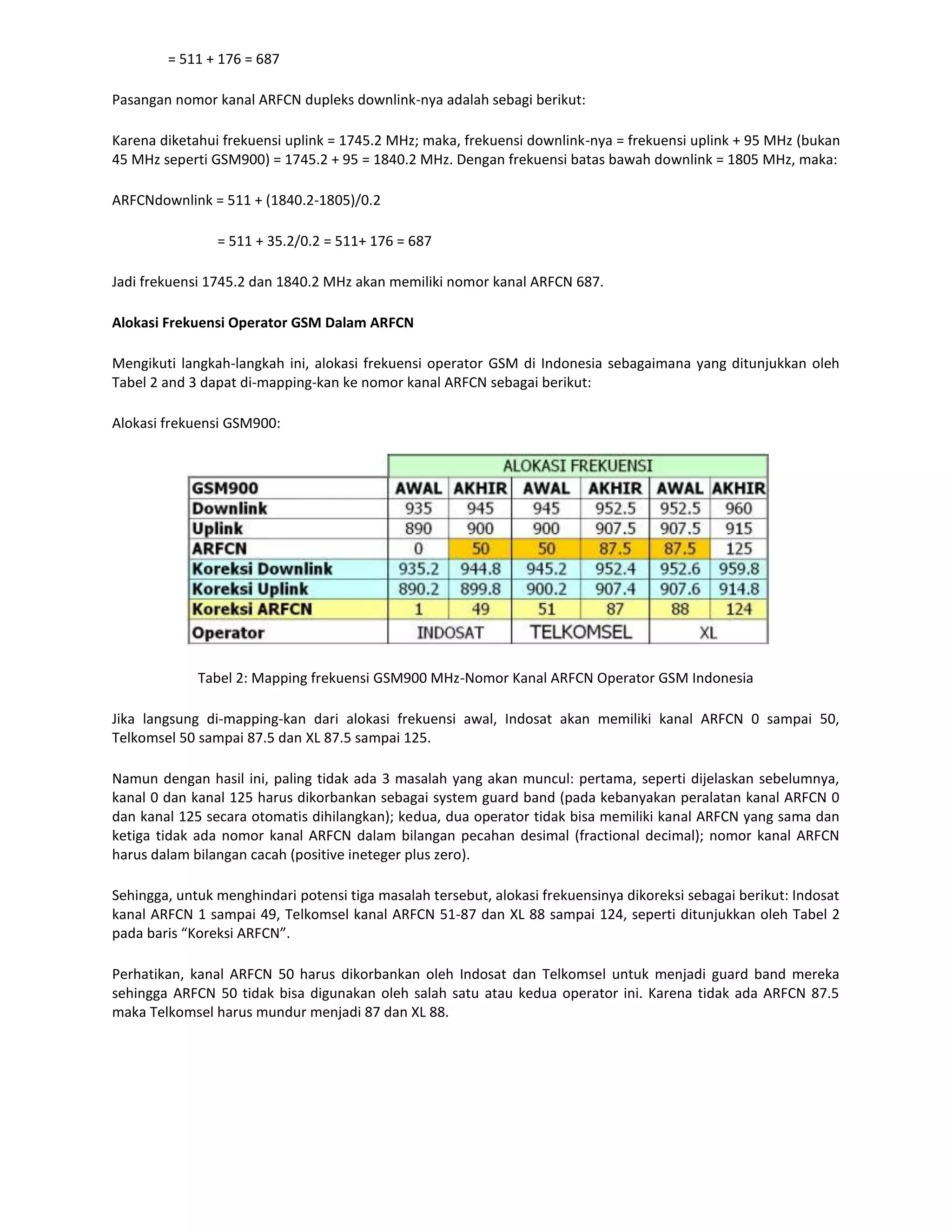 = 511 + 176 = 687

Pasangan nomor kanal ARFCN dupleks downlink-nya adalah sebagi berikut:

Karena diketahui frekuensi uplink = 1745.2 MHz; maka, frekuensi downlink-nya = frekuensi uplink + 95 MHz (bukan
45 MHz seperti GSM900) = 1745.2 + 95 = 1840.2 MHz. Dengan frekuensi batas bawah downlink = 1805 MHz, maka:

ARFCNdownlink = 511 + (1840.2-1805)/0.2

                = 511 + 35.2/0.2 = 511+ 176 = 687

Jadi frekuensi 1745.2 dan 1840.2 MHz akan memiliki nomor kanal ARFCN 687.

Alokasi Frekuensi Operator GSM Dalam ARFCN

Mengikuti langkah-langkah ini, alokasi frekuensi operator GSM di Indonesia sebagaimana yang ditunjukkan oleh
Tabel 2 and 3 dapat di-mapping-kan ke nomor kanal ARFCN sebagai berikut:

Alokasi frekuensi GSM900:




             Tabel 2: Mapping frekuensi GSM900 MHz-Nomor Kanal ARFCN Operator GSM Indonesia

Jika langsung di-mapping-kan dari alokasi frekuensi awal, Indosat akan memiliki kanal ARFCN 0 sampai 50,
Telkomsel 50 sampai 87.5 dan XL 87.5 sampai 125.

Namun dengan hasil ini, paling tidak ada 3 masalah yang akan muncul: pertama, seperti dijelaskan sebelumnya,
kanal 0 dan kanal 125 harus dikorbankan sebagai system guard band (pada kebanyakan peralatan kanal ARFCN 0
dan kanal 125 secara otomatis dihilangkan); kedua, dua operator tidak bisa memiliki kanal ARFCN yang sama dan
ketiga tidak ada nomor kanal ARFCN dalam bilangan pecahan desimal (fractional decimal); nomor kanal ARFCN
harus dalam bilangan cacah (positive ineteger plus zero).

Sehingga, untuk menghindari potensi tiga masalah tersebut, alokasi frekuensinya dikoreksi sebagai berikut: Indosat
kanal ARFCN 1 sampai 49, Telkomsel kanal ARFCN 51-87 dan XL 88 sampai 124, seperti ditunjukkan oleh Tabel 2
pada baris “Koreksi ARFCN”.

Perhatikan, kanal ARFCN 50 harus dikorbankan oleh Indosat dan Telkomsel untuk menjadi guard band mereka
sehingga ARFCN 50 tidak bisa digunakan oleh salah satu atau kedua operator ini. Karena tidak ada ARFCN 87.5
maka Telkomsel harus mundur menjadi 87 dan XL 88.
 