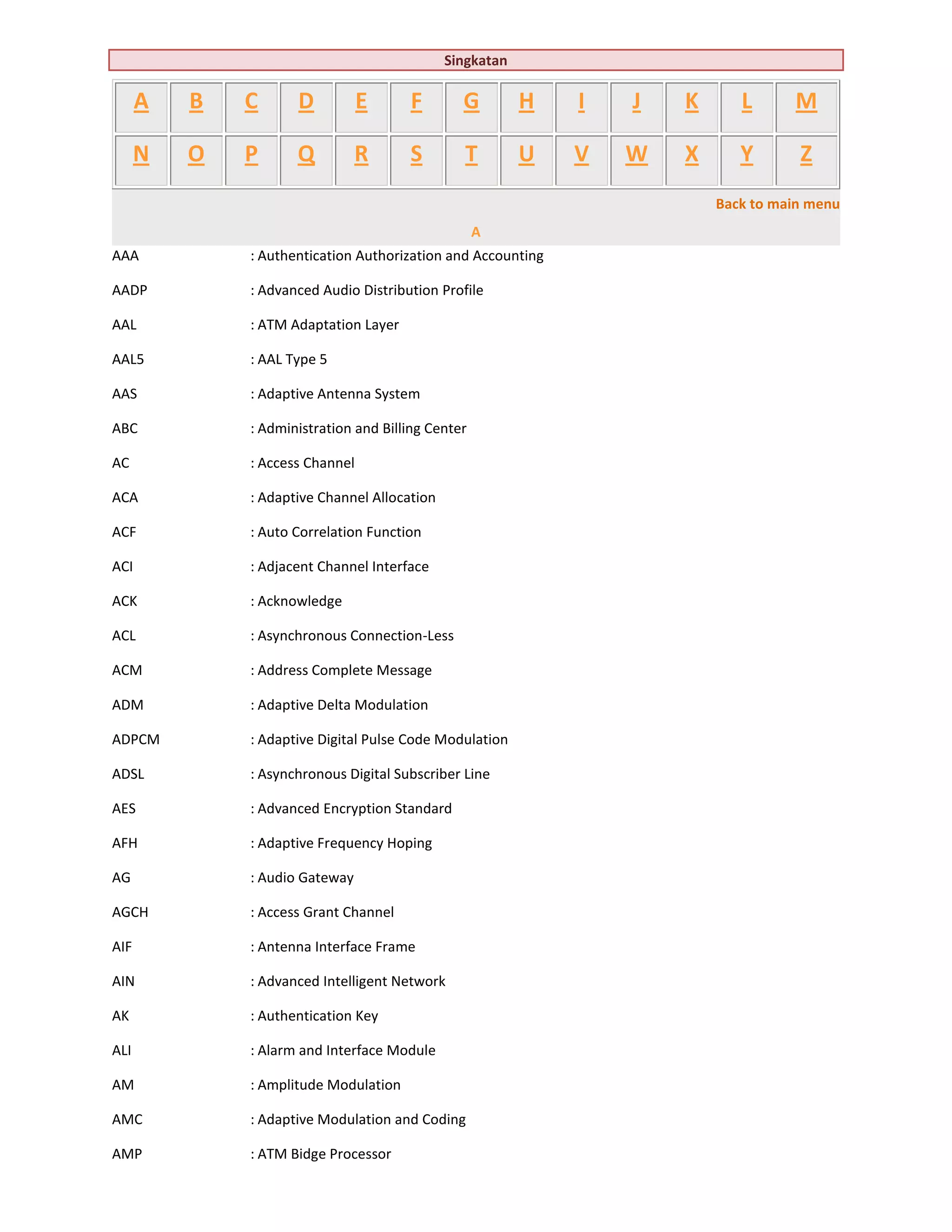 Singkatan

      A   B   C      D           E     F        G         H   I   J   K      L      M

      N   O   P      Q          R      S        T         U   V   W   X      Y       Z
                                                                          Back to main menu
                                                    A
AAA           : Authentication Authorization and Accounting

AADP          : Advanced Audio Distribution Profile

AAL           : ATM Adaptation Layer

AAL5          : AAL Type 5

AAS           : Adaptive Antenna System

ABC           : Administration and Billing Center

AC            : Access Channel

ACA           : Adaptive Channel Allocation

ACF           : Auto Correlation Function

ACI           : Adjacent Channel Interface

ACK           : Acknowledge

ACL           : Asynchronous Connection-Less

ACM           : Address Complete Message

ADM           : Adaptive Delta Modulation

ADPCM         : Adaptive Digital Pulse Code Modulation

ADSL          : Asynchronous Digital Subscriber Line

AES           : Advanced Encryption Standard

AFH           : Adaptive Frequency Hoping

AG            : Audio Gateway

AGCH          : Access Grant Channel

AIF           : Antenna Interface Frame

AIN           : Advanced Intelligent Network

AK            : Authentication Key

ALI           : Alarm and Interface Module

AM            : Amplitude Modulation

AMC           : Adaptive Modulation and Coding

AMP           : ATM Bidge Processor
 