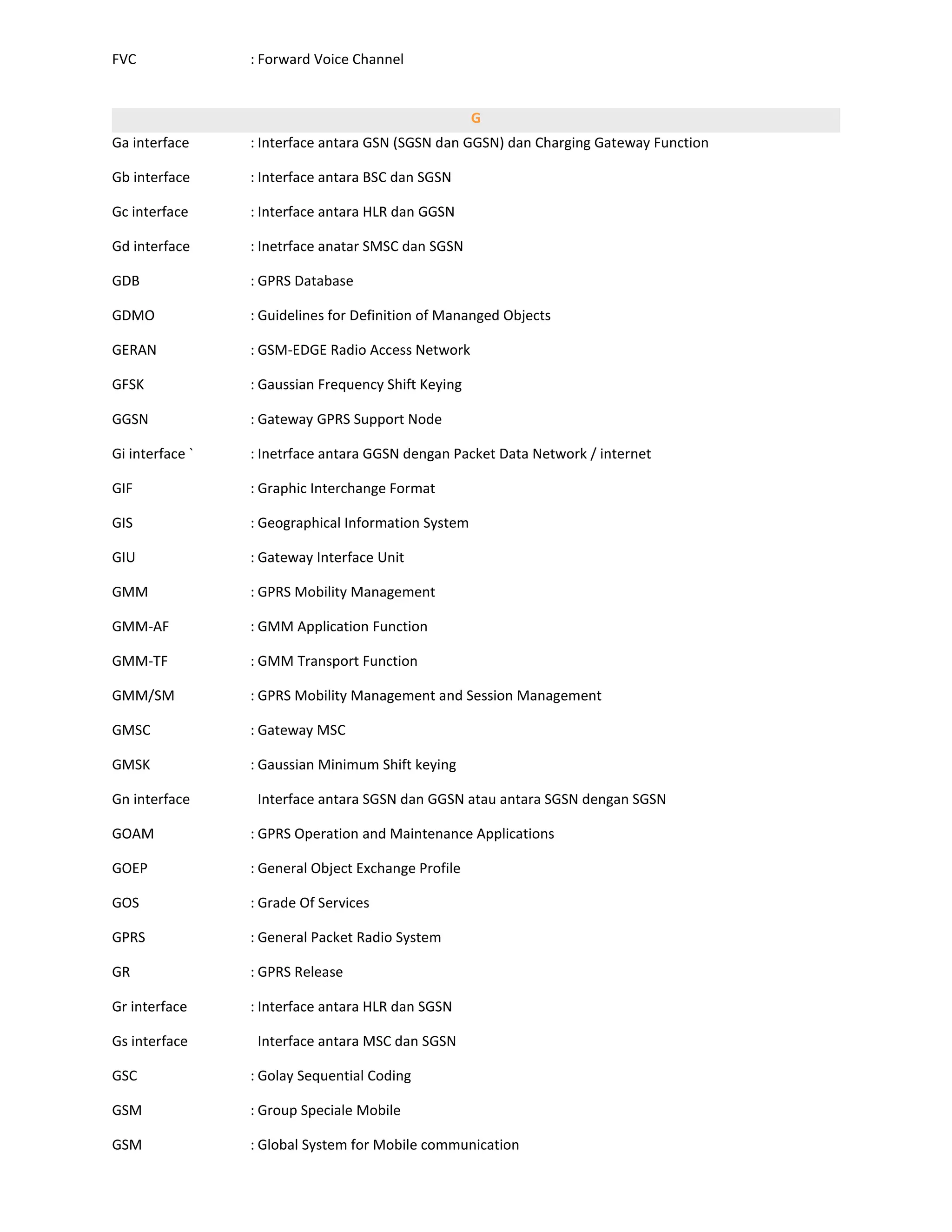 FVC              : Forward Voice Channel


                                                     G
Ga interface     : Interface antara GSN (SGSN dan GGSN) dan Charging Gateway Function

Gb interface     : Interface antara BSC dan SGSN

Gc interface     : Interface antara HLR dan GGSN

Gd interface     : Inetrface anatar SMSC dan SGSN

GDB              : GPRS Database

GDMO             : Guidelines for Definition of Mananged Objects

GERAN            : GSM-EDGE Radio Access Network

GFSK             : Gaussian Frequency Shift Keying

GGSN             : Gateway GPRS Support Node

Gi interface `   : Inetrface antara GGSN dengan Packet Data Network / internet

GIF              : Graphic Interchange Format

GIS              : Geographical Information System

GIU              : Gateway Interface Unit

GMM              : GPRS Mobility Management

GMM-AF           : GMM Application Function

GMM-TF           : GMM Transport Function

GMM/SM           : GPRS Mobility Management and Session Management

GMSC             : Gateway MSC

GMSK             : Gaussian Minimum Shift keying

Gn interface      Interface antara SGSN dan GGSN atau antara SGSN dengan SGSN

GOAM             : GPRS Operation and Maintenance Applications

GOEP             : General Object Exchange Profile

GOS              : Grade Of Services

GPRS             : General Packet Radio System

GR               : GPRS Release

Gr interface     : Interface antara HLR dan SGSN

Gs interface      Interface antara MSC dan SGSN

GSC              : Golay Sequential Coding

GSM              : Group Speciale Mobile

GSM              : Global System for Mobile communication
 