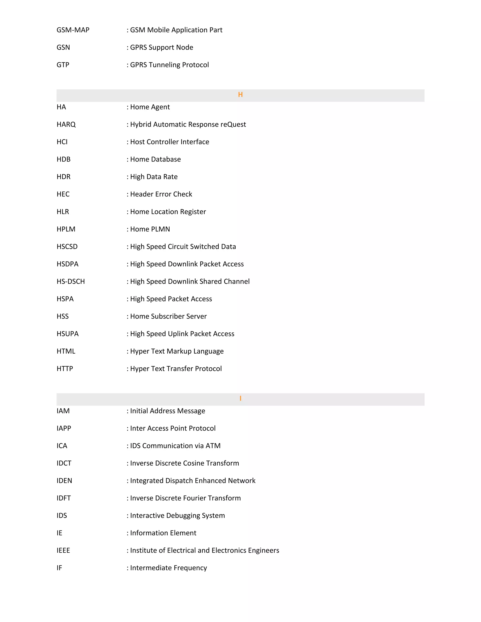 GSM-MAP   : GSM Mobile Application Part

GSN       : GPRS Support Node

GTP       : GPRS Tunneling Protocol


                                               H
HA        : Home Agent

HARQ      : Hybrid Automatic Response reQuest

HCI       : Host Controller Interface

HDB       : Home Database

HDR       : High Data Rate

HEC       : Header Error Check

HLR       : Home Location Register

HPLM      : Home PLMN

HSCSD     : High Speed Circuit Switched Data

HSDPA     : High Speed Downlink Packet Access

HS-DSCH   : High Speed Downlink Shared Channel

HSPA      : High Speed Packet Access

HSS       : Home Subscriber Server

HSUPA     : High Speed Uplink Packet Access

HTML      : Hyper Text Markup Language

HTTP      : Hyper Text Transfer Protocol


                                                I
IAM       : Initial Address Message

IAPP      : Inter Access Point Protocol

ICA       : IDS Communication via ATM

IDCT      : Inverse Discrete Cosine Transform

IDEN      : Integrated Dispatch Enhanced Network

IDFT      : Inverse Discrete Fourier Transform

IDS       : Interactive Debugging System

IE        : Information Element

IEEE      : Institute of Electrical and Electronics Engineers

IF        : Intermediate Frequency
 