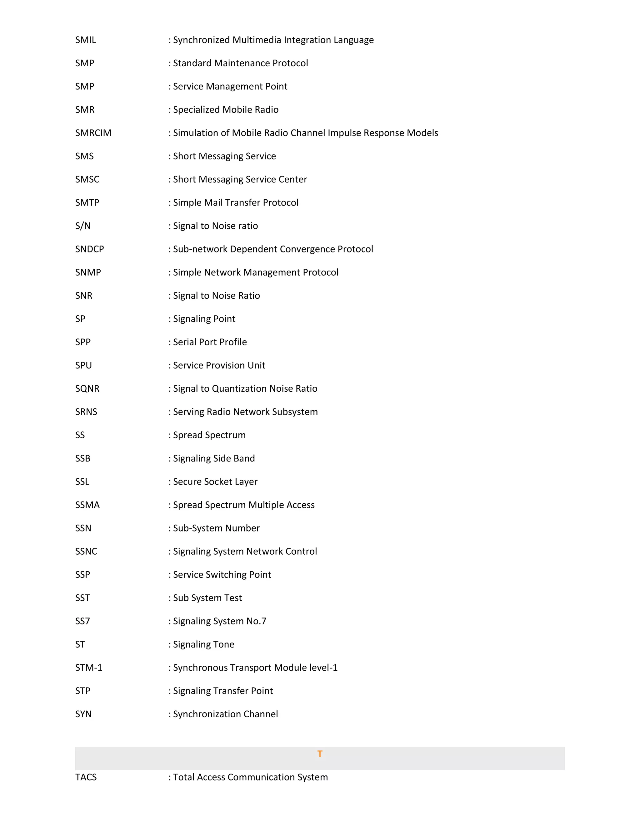 SMIL     : Synchronized Multimedia Integration Language

SMP      : Standard Maintenance Protocol

SMP      : Service Management Point

SMR      : Specialized Mobile Radio

SMRCIM   : Simulation of Mobile Radio Channel Impulse Response Models

SMS      : Short Messaging Service

SMSC     : Short Messaging Service Center

SMTP     : Simple Mail Transfer Protocol

S/N      : Signal to Noise ratio

SNDCP    : Sub-network Dependent Convergence Protocol

SNMP     : Simple Network Management Protocol

SNR      : Signal to Noise Ratio

SP       : Signaling Point

SPP      : Serial Port Profile

SPU      : Service Provision Unit

SQNR     : Signal to Quantization Noise Ratio

SRNS     : Serving Radio Network Subsystem

SS       : Spread Spectrum

SSB      : Signaling Side Band

SSL      : Secure Socket Layer

SSMA     : Spread Spectrum Multiple Access

SSN      : Sub-System Number

SSNC     : Signaling System Network Control

SSP      : Service Switching Point

SST      : Sub System Test

SS7      : Signaling System No.7

ST       : Signaling Tone

STM-1    : Synchronous Transport Module level-1

STP      : Signaling Transfer Point

SYN      : Synchronization Channel


                                              T

TACS     : Total Access Communication System
 