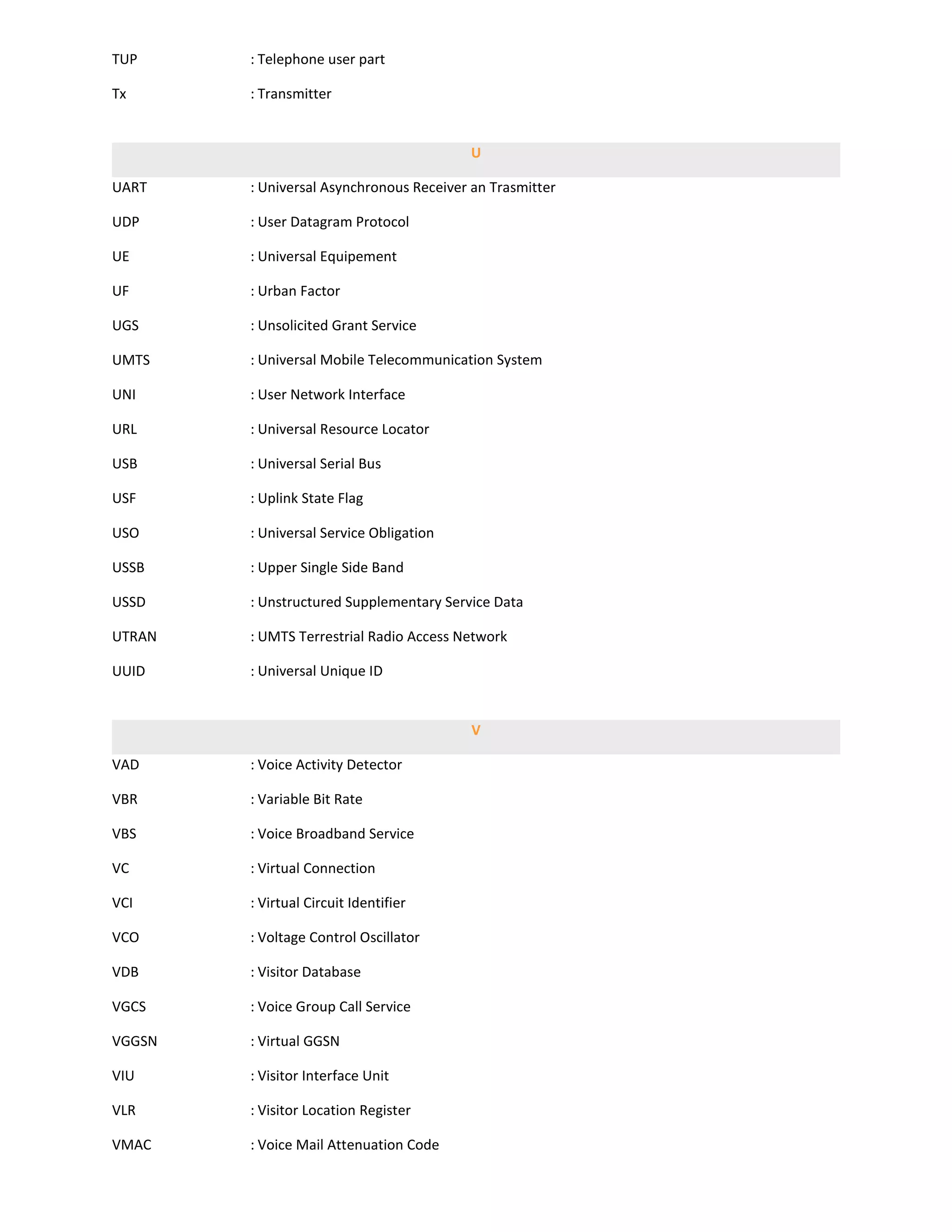 TUP     : Telephone user part

Tx      : Transmitter


                                         U

UART    : Universal Asynchronous Receiver an Trasmitter

UDP     : User Datagram Protocol

UE      : Universal Equipement

UF      : Urban Factor

UGS     : Unsolicited Grant Service

UMTS    : Universal Mobile Telecommunication System

UNI     : User Network Interface

URL     : Universal Resource Locator

USB     : Universal Serial Bus

USF     : Uplink State Flag

USO     : Universal Service Obligation

USSB    : Upper Single Side Band

USSD    : Unstructured Supplementary Service Data

UTRAN   : UMTS Terrestrial Radio Access Network

UUID    : Universal Unique ID


                                          V

VAD     : Voice Activity Detector

VBR     : Variable Bit Rate

VBS     : Voice Broadband Service

VC      : Virtual Connection

VCI     : Virtual Circuit Identifier

VCO     : Voltage Control Oscillator

VDB     : Visitor Database

VGCS    : Voice Group Call Service

VGGSN   : Virtual GGSN

VIU     : Visitor Interface Unit

VLR     : Visitor Location Register

VMAC    : Voice Mail Attenuation Code
 