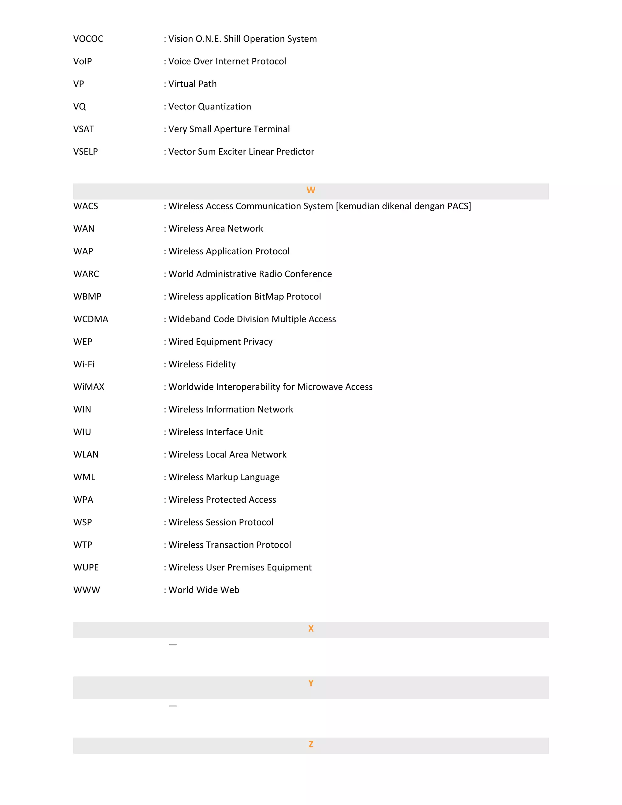 VOCOC   : Vision O.N.E. Shill Operation System

VoIP    : Voice Over Internet Protocol

VP      : Virtual Path

VQ      : Vector Quantization

VSAT    : Very Small Aperture Terminal

VSELP   : Vector Sum Exciter Linear Predictor


                                           W
WACS    : Wireless Access Communication System [kemudian dikenal dengan PACS]

WAN     : Wireless Area Network

WAP     : Wireless Application Protocol

WARC    : World Administrative Radio Conference

WBMP    : Wireless application BitMap Protocol

WCDMA   : Wideband Code Division Multiple Access

WEP     : Wired Equipment Privacy

Wi-Fi   : Wireless Fidelity

WiMAX   : Worldwide Interoperability for Microwave Access

WIN     : Wireless Information Network

WIU     : Wireless Interface Unit

WLAN    : Wireless Local Area Network

WML     : Wireless Markup Language

WPA     : Wireless Protected Access

WSP     : Wireless Session Protocol

WTP     : Wireless Transaction Protocol

WUPE    : Wireless User Premises Equipment

WWW     : World Wide Web


                                           X
         —


                                           Y

         —


                                           Z
 
