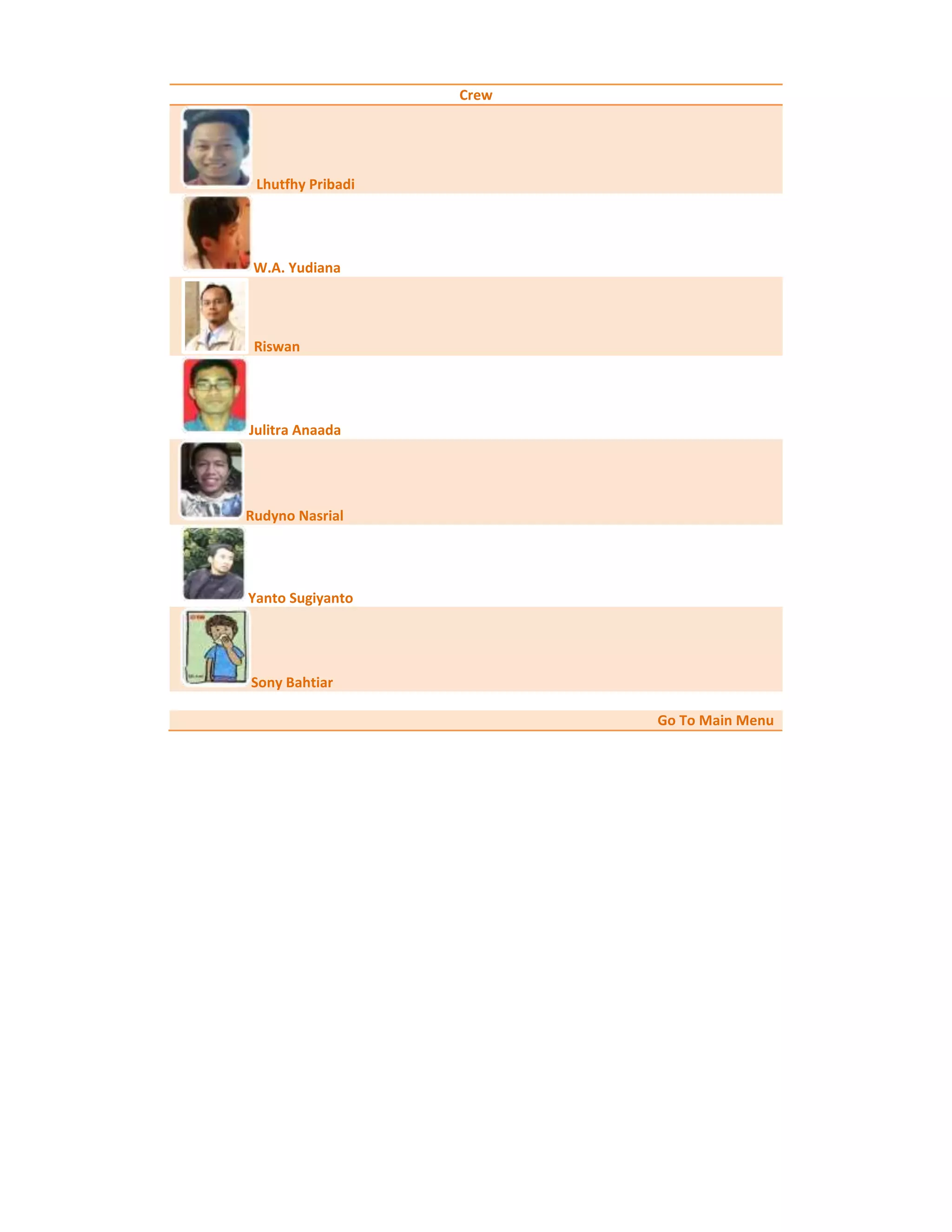 Crew




 Lhutfhy Pribadi




 W.A. Yudiana




 Riswan




Julitra Anaada




Rudyno Nasrial




Yanto Sugiyanto




Sony Bahtiar

                          Go To Main Menu
 