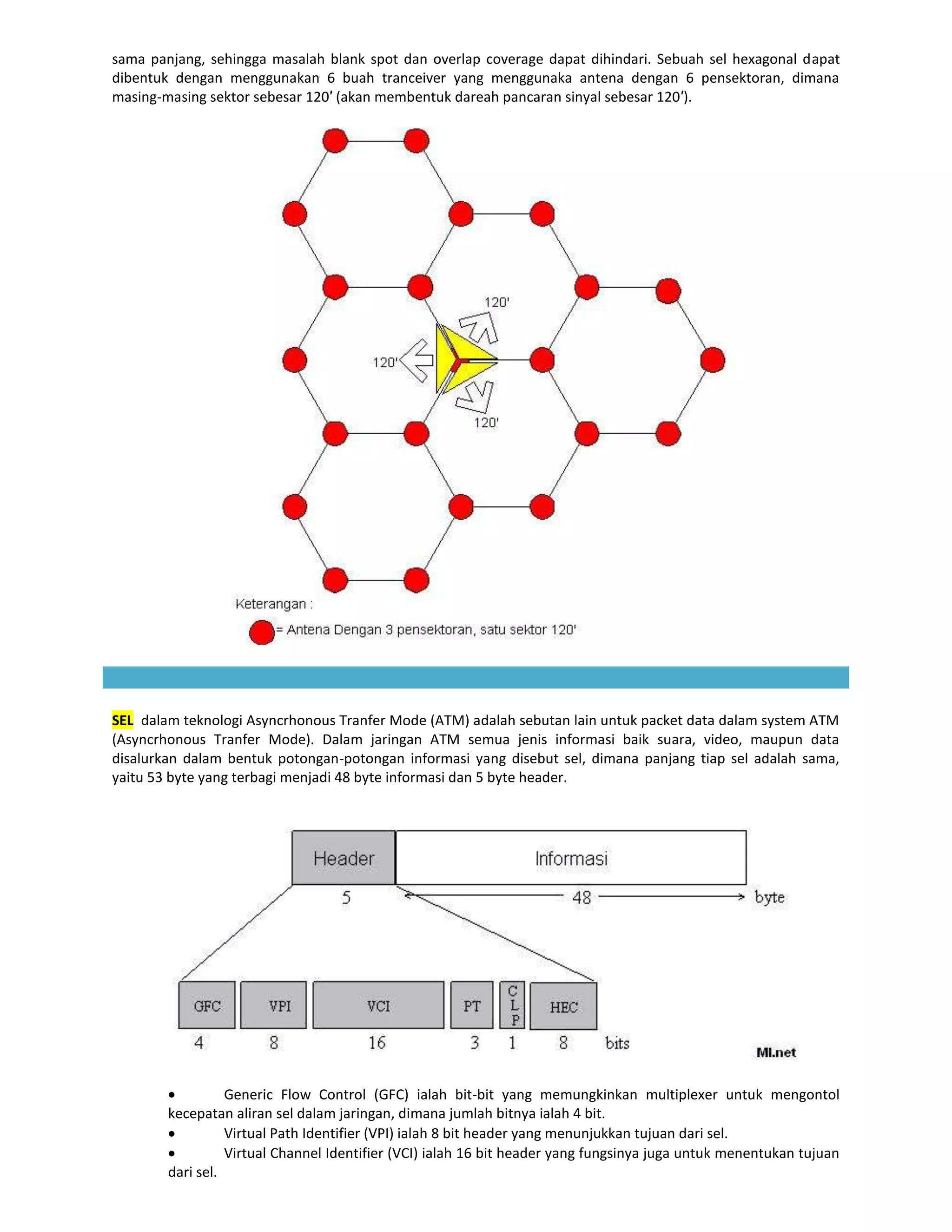 sama panjang, sehingga masalah blank spot dan overlap coverage dapat dihindari. Sebuah sel hexagonal dapat
dibentuk dengan menggunakan 6 buah tranceiver yang menggunaka antena dengan 6 pensektoran, dimana
masing-masing sektor sebesar 120′ (akan membentuk dareah pancaran sinyal sebesar 120′).




SEL dalam teknologi Asyncrhonous Tranfer Mode (ATM) adalah sebutan lain untuk packet data dalam system ATM
(Asyncrhonous Tranfer Mode). Dalam jaringan ATM semua jenis informasi baik suara, video, maupun data
disalurkan dalam bentuk potongan-potongan informasi yang disebut sel, dimana panjang tiap sel adalah sama,
yaitu 53 byte yang terbagi menjadi 48 byte informasi dan 5 byte header.




                  Generic Flow Control (GFC) ialah bit-bit yang memungkinkan multiplexer untuk mengontol
        kecepatan aliran sel dalam jaringan, dimana jumlah bitnya ialah 4 bit.
                  Virtual Path Identifier (VPI) ialah 8 bit header yang menunjukkan tujuan dari sel.
                  Virtual Channel Identifier (VCI) ialah 16 bit header yang fungsinya juga untuk menentukan tujuan
        dari sel.
 
