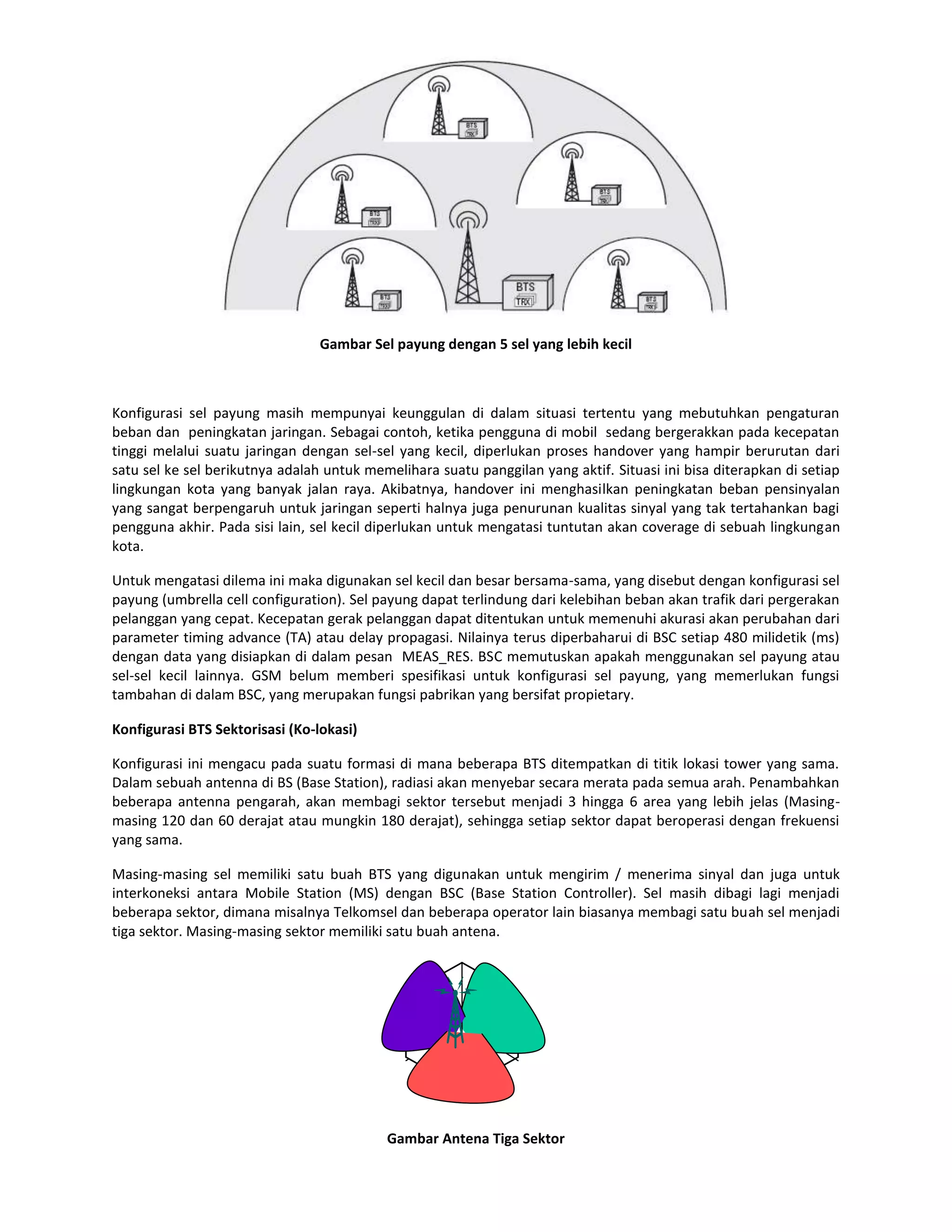 Gambar Sel payung dengan 5 sel yang lebih kecil



Konfigurasi sel payung masih mempunyai keunggulan di dalam situasi tertentu yang mebutuhkan pengaturan
beban dan peningkatan jaringan. Sebagai contoh, ketika pengguna di mobil sedang bergerakkan pada kecepatan
tinggi melalui suatu jaringan dengan sel-sel yang kecil, diperlukan proses handover yang hampir berurutan dari
satu sel ke sel berikutnya adalah untuk memelihara suatu panggilan yang aktif. Situasi ini bisa diterapkan di setiap
lingkungan kota yang banyak jalan raya. Akibatnya, handover ini menghasilkan peningkatan beban pensinyalan
yang sangat berpengaruh untuk jaringan seperti halnya juga penurunan kualitas sinyal yang tak tertahankan bagi
pengguna akhir. Pada sisi lain, sel kecil diperlukan untuk mengatasi tuntutan akan coverage di sebuah lingkungan
kota.

Untuk mengatasi dilema ini maka digunakan sel kecil dan besar bersama-sama, yang disebut dengan konfigurasi sel
payung (umbrella cell configuration). Sel payung dapat terlindung dari kelebihan beban akan trafik dari pergerakan
pelanggan yang cepat. Kecepatan gerak pelanggan dapat ditentukan untuk memenuhi akurasi akan perubahan dari
parameter timing advance (TA) atau delay propagasi. Nilainya terus diperbaharui di BSC setiap 480 milidetik (ms)
dengan data yang disiapkan di dalam pesan MEAS_RES. BSC memutuskan apakah menggunakan sel payung atau
sel-sel kecil lainnya. GSM belum memberi spesifikasi untuk konfigurasi sel payung, yang memerlukan fungsi
tambahan di dalam BSC, yang merupakan fungsi pabrikan yang bersifat propietary.

Konfigurasi BTS Sektorisasi (Ko-lokasi)

Konfigurasi ini mengacu pada suatu formasi di mana beberapa BTS ditempatkan di titik lokasi tower yang sama.
Dalam sebuah antenna di BS (Base Station), radiasi akan menyebar secara merata pada semua arah. Penambahkan
beberapa antenna pengarah, akan membagi sektor tersebut menjadi 3 hingga 6 area yang lebih jelas (Masing-
masing 120 dan 60 derajat atau mungkin 180 derajat), sehingga setiap sektor dapat beroperasi dengan frekuensi
yang sama.

Masing-masing sel memiliki satu buah BTS yang digunakan untuk mengirim / menerima sinyal dan juga untuk
interkoneksi antara Mobile Station (MS) dengan BSC (Base Station Controller). Sel masih dibagi lagi menjadi
beberapa sektor, dimana misalnya Telkomsel dan beberapa operator lain biasanya membagi satu buah sel menjadi
tiga sektor. Masing-masing sektor memiliki satu buah antena.




                                           Gambar Antena Tiga Sektor
 