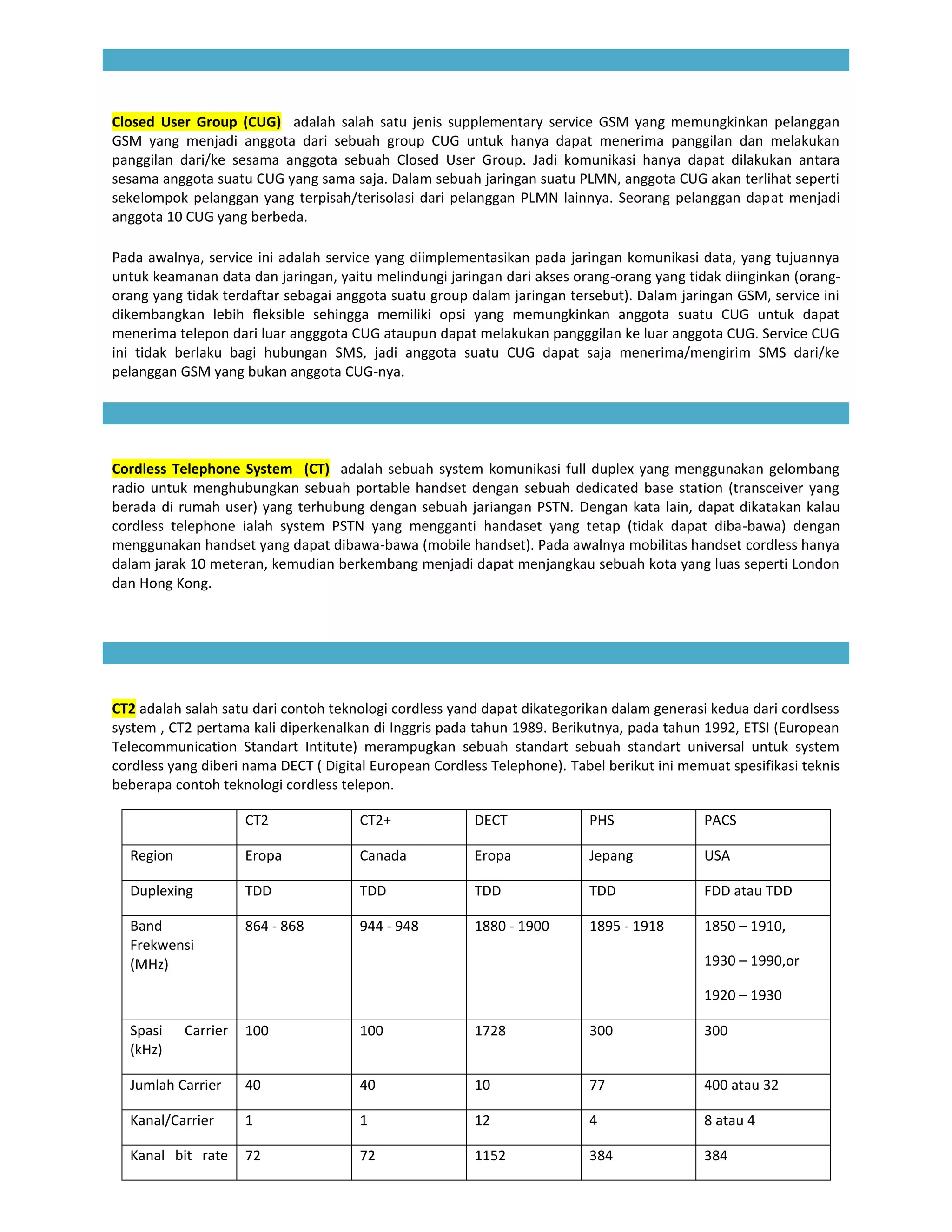 Closed User Group (CUG) adalah salah satu jenis supplementary service GSM yang memungkinkan pelanggan
GSM yang menjadi anggota dari sebuah group CUG untuk hanya dapat menerima panggilan dan melakukan
panggilan dari/ke sesama anggota sebuah Closed User Group. Jadi komunikasi hanya dapat dilakukan antara
sesama anggota suatu CUG yang sama saja. Dalam sebuah jaringan suatu PLMN, anggota CUG akan terlihat seperti
sekelompok pelanggan yang terpisah/terisolasi dari pelanggan PLMN lainnya. Seorang pelanggan dapat menjadi
anggota 10 CUG yang berbeda.

Pada awalnya, service ini adalah service yang diimplementasikan pada jaringan komunikasi data, yang tujuannya
untuk keamanan data dan jaringan, yaitu melindungi jaringan dari akses orang-orang yang tidak diinginkan (orang-
orang yang tidak terdaftar sebagai anggota suatu group dalam jaringan tersebut). Dalam jaringan GSM, service ini
dikembangkan lebih fleksible sehingga memiliki opsi yang memungkinkan anggota suatu CUG untuk dapat
menerima telepon dari luar angggota CUG ataupun dapat melakukan pangggilan ke luar anggota CUG. Service CUG
ini tidak berlaku bagi hubungan SMS, jadi anggota suatu CUG dapat saja menerima/mengirim SMS dari/ke
pelanggan GSM yang bukan anggota CUG-nya.




Cordless Telephone System (CT) adalah sebuah system komunikasi full duplex yang menggunakan gelombang
radio untuk menghubungkan sebuah portable handset dengan sebuah dedicated base station (transceiver yang
berada di rumah user) yang terhubung dengan sebuah jariangan PSTN. Dengan kata lain, dapat dikatakan kalau
cordless telephone ialah system PSTN yang mengganti handaset yang tetap (tidak dapat diba-bawa) dengan
menggunakan handset yang dapat dibawa-bawa (mobile handset). Pada awalnya mobilitas handset cordless hanya
dalam jarak 10 meteran, kemudian berkembang menjadi dapat menjangkau sebuah kota yang luas seperti London
dan Hong Kong.




CT2 adalah salah satu dari contoh teknologi cordless yand dapat dikategorikan dalam generasi kedua dari cordlsess
system , CT2 pertama kali diperkenalkan di Inggris pada tahun 1989. Berikutnya, pada tahun 1992, ETSI (European
Telecommunication Standart Intitute) merampugkan sebuah standart sebuah standart universal untuk system
cordless yang diberi nama DECT ( Digital European Cordless Telephone). Tabel berikut ini memuat spesifikasi teknis
beberapa contoh teknologi cordless telepon.

                     CT2              CT2+              DECT              PHS               PACS

  Region             Eropa            Canada            Eropa             Jepang            USA

  Duplexing          TDD              TDD               TDD               TDD               FDD atau TDD

  Band               864 - 868        944 - 948         1880 - 1900       1895 - 1918       1850 – 1910,
  Frekwensi
  (MHz)                                                                                     1930 – 1990,or

                                                                                            1920 – 1930

  Spasi    Carrier   100              100               1728              300               300
  (kHz)

  Jumlah Carrier     40               40                10                77                400 atau 32

  Kanal/Carrier      1                1                 12                4                 8 atau 4

  Kanal bit rate     72               72                1152              384               384
 