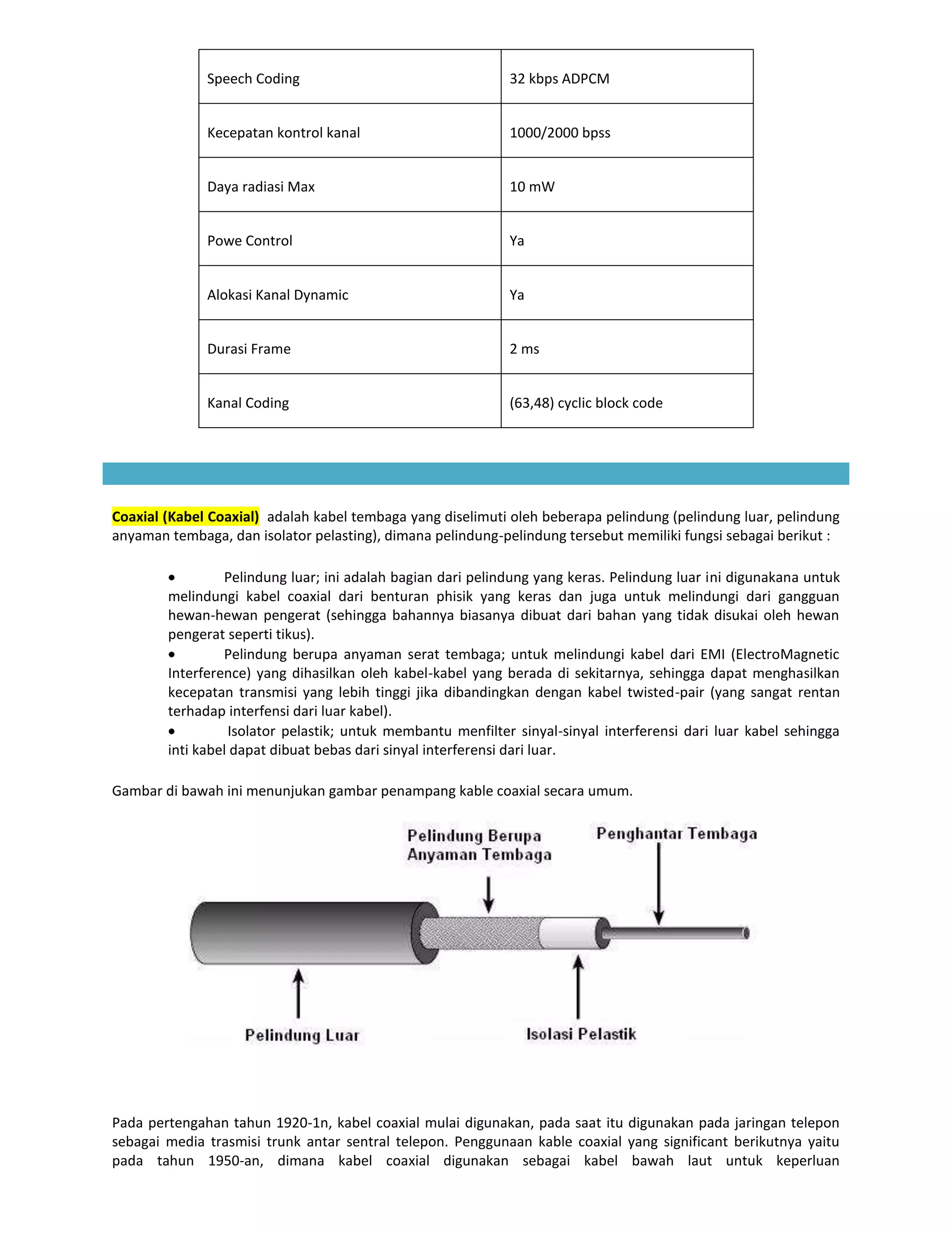 Speech Coding                                  32 kbps ADPCM


              Kecepatan kontrol kanal                        1000/2000 bpss


              Daya radiasi Max                               10 mW


              Powe Control                                   Ya


              Alokasi Kanal Dynamic                          Ya


              Durasi Frame                                   2 ms


              Kanal Coding                                   (63,48) cyclic block code




Coaxial (Kabel Coaxial) adalah kabel tembaga yang diselimuti oleh beberapa pelindung (pelindung luar, pelindung
anyaman tembaga, dan isolator pelasting), dimana pelindung-pelindung tersebut memiliki fungsi sebagai berikut :

                 Pelindung luar; ini adalah bagian dari pelindung yang keras. Pelindung luar ini digunakana untuk
        melindungi kabel coaxial dari benturan phisik yang keras dan juga untuk melindungi dari gangguan
        hewan-hewan pengerat (sehingga bahannya biasanya dibuat dari bahan yang tidak disukai oleh hewan
        pengerat seperti tikus).
                 Pelindung berupa anyaman serat tembaga; untuk melindungi kabel dari EMI (ElectroMagnetic
        Interference) yang dihasilkan oleh kabel-kabel yang berada di sekitarnya, sehingga dapat menghasilkan
        kecepatan transmisi yang lebih tinggi jika dibandingkan dengan kabel twisted-pair (yang sangat rentan
        terhadap interfensi dari luar kabel).
                  Isolator pelastik; untuk membantu menfilter sinyal-sinyal interferensi dari luar kabel sehingga
        inti kabel dapat dibuat bebas dari sinyal interferensi dari luar.

Gambar di bawah ini menunjukan gambar penampang kable coaxial secara umum.




Pada pertengahan tahun 1920-1n, kabel coaxial mulai digunakan, pada saat itu digunakan pada jaringan telepon
sebagai media trasmisi trunk antar sentral telepon. Penggunaan kable coaxial yang significant berikutnya yaitu
pada tahun 1950-an, dimana kabel coaxial digunakan sebagai kabel bawah laut untuk keperluan
 