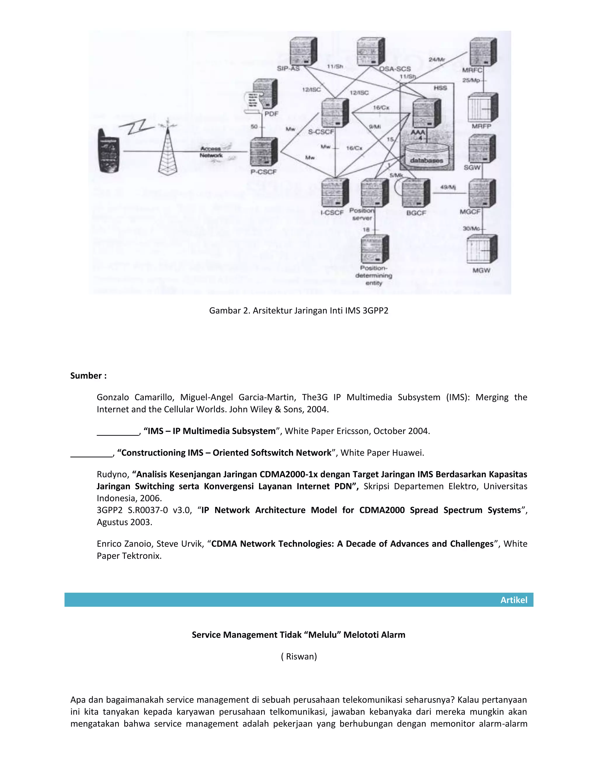 Gambar 2. Arsitektur Jaringan Inti IMS 3GPP2




Sumber :

     Gonzalo Camarillo, Miguel-Angel Garcia-Martin, The3G IP Multimedia Subsystem (IMS): Merging the
     Internet and the Cellular Worlds. John Wiley & Sons, 2004.

                 , “IMS – IP Multimedia Subsystem”, White Paper Ericsson, October 2004.

           , “Constructioning IMS – Oriented Softswitch Network”, White Paper Huawei.

     Rudyno, “Analisis Kesenjangan Jaringan CDMA2000-1x dengan Target Jaringan IMS Berdasarkan Kapasitas
     Jaringan Switching serta Konvergensi Layanan Internet PDN”, Skripsi Departemen Elektro, Universitas
     Indonesia, 2006.
     3GPP2 S.R0037-0 v3.0, “IP Network Architecture Model for CDMA2000 Spread Spectrum Systems”,
     Agustus 2003.

     Enrico Zanoio, Steve Urvik, “CDMA Network Technologies: A Decade of Advances and Challenges”, White
     Paper Tektronix.



                                                                                                 Artikel


                             Service Management Tidak “Melulu” Melototi Alarm

                                                   ( Riswan)



Apa dan bagaimanakah service management di sebuah perusahaan telekomunikasi seharusnya? Kalau pertanyaan
ini kita tanyakan kepada karyawan perusahaan telkomunikasi, jawaban kebanyaka dari mereka mungkin akan
mengatakan bahwa service management adalah pekerjaan yang berhubungan dengan memonitor alarm-alarm
 