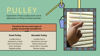 Introduce the two main types of
pulleys and provide examples for
each
Movable Pulley
A pulley that is
attached to the load
being moved and
moves with it. Example:
Elevator pulley.
Fixed Pulley
A pulley that is
attached to a fixed
point and does not
move. Example:
Flagpole pulley.
PULLEY
Explanation of how a pulley works and its
applications in lifting and lowering loads.
 