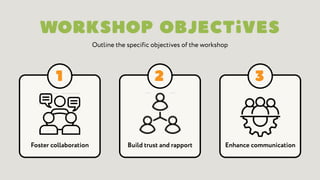Outline the specific objectives of the workshop
Enhance communication
Build trust and rapport
Foster collaboration
 