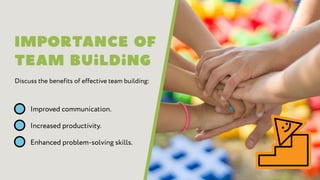 Improved communication.
Increased productivity.
Enhanced problem-solving skills.
Discuss the benefits of effective team building:
 