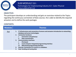 INDUSTRY 4.0
SPECIALIST
INDUSTRY 4.0
SPECIALIST
1
SUB MODULE 3.6 :
Technologies for Implementing Industry 4.0 - Cyber-Physical
SystemsINDUSTRY 4.0
OBJECTIVE:
The participant develops an understanding and gets an overview related to the Topics
regarding the continuous connection of Data sources. He is able to identify the required
actuators and to define the work packages
Modules Themes
3.6 1. IT infrastructure and connection of sensors and actuators Introduction to networking,
database and server technologies
2. Connection hardware
i. Connectors and gateways
ii. Data concentrators
3. Communication interfaces
i. File-based
ii. Local computer integrated programming interface
iii. Web-based programming interface
4. Exercise: Connection of a sensor to a database.
5. Goal: Sending and saving data
CONTENTS:
 